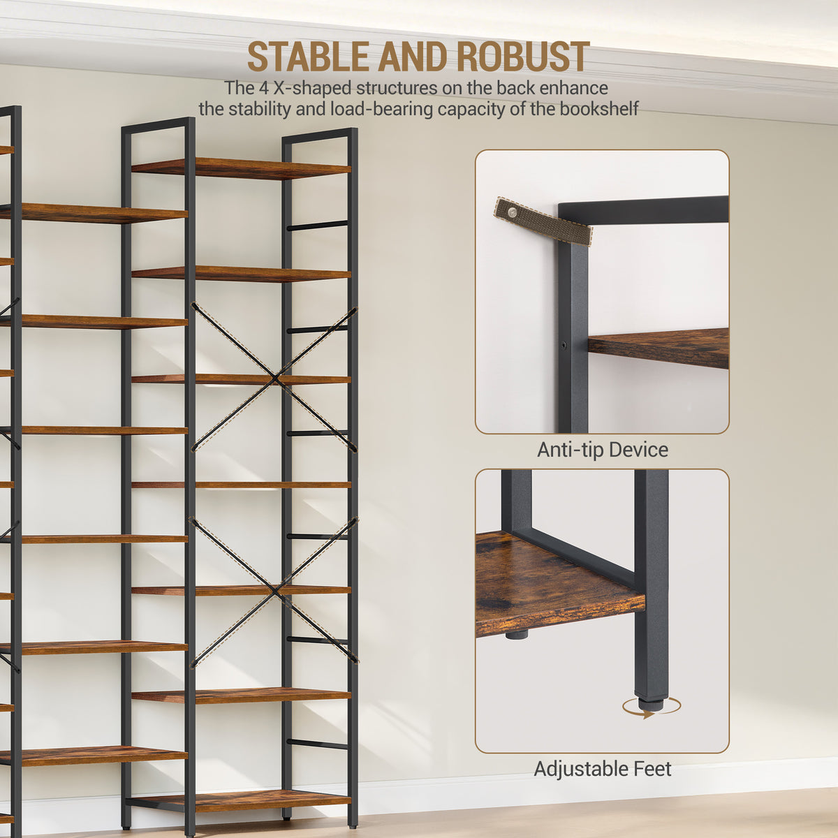 Hzuaneri BC17101B Bookcases, Standing Shelves with 20 Shelves, 7 Levels, Adjustable Spacing, 24 x 152 x 217 cm, Load Capacity 400 kg, Living Room, Office, Vintage Brown and Black  BC17101B