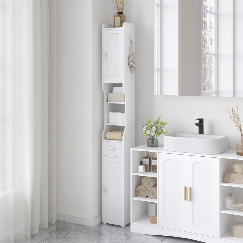 HEXCELEN Bathroom Cabinet, Bathroom Cabinet, Narrow High, Tall Bathroom Cabinet with 2 Doors and 1 Drawer, Adjustable Shelves, Open Compartment, Space-Saving Bathroom Shelf, 20 x 20 x 180 cm, White,BC18013X