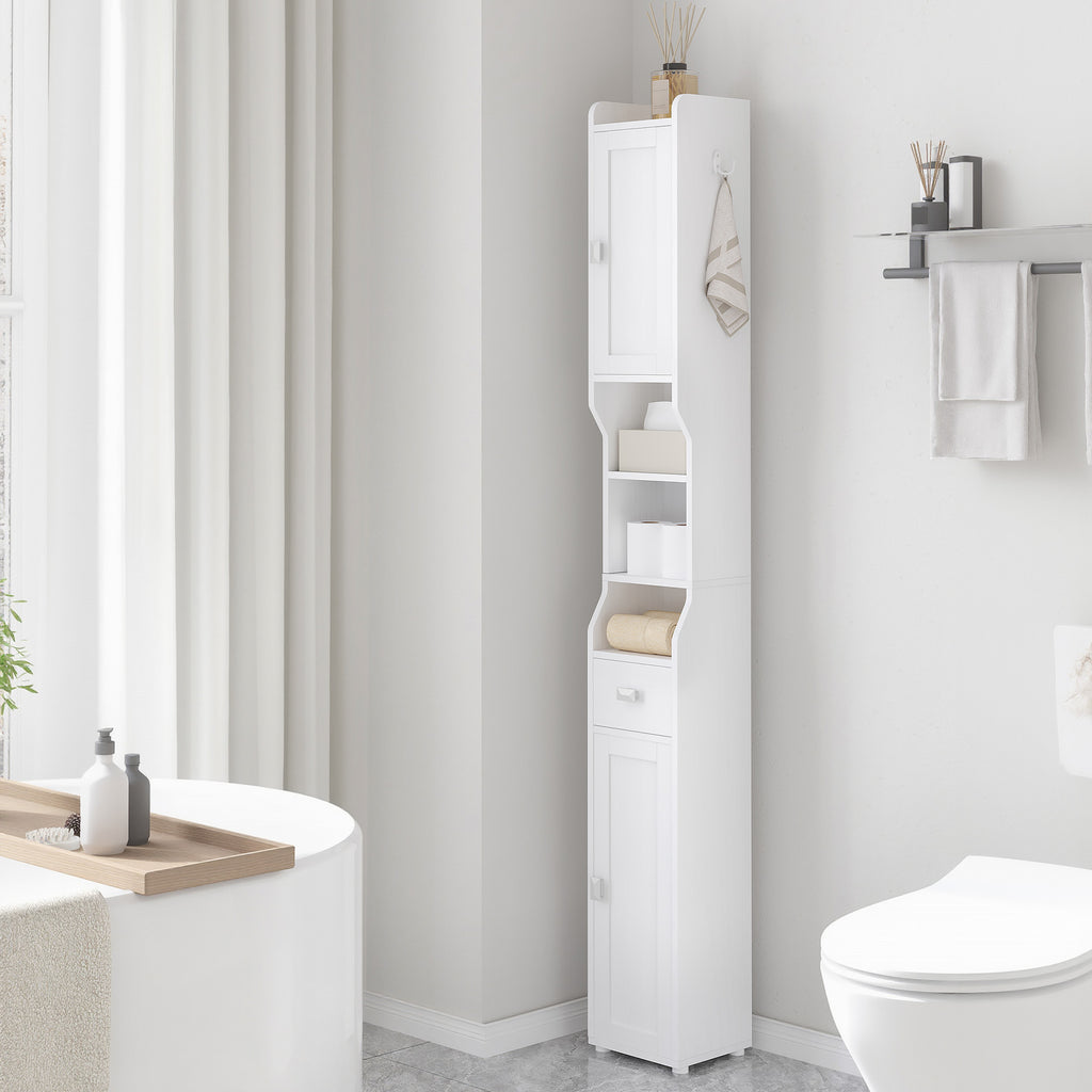 HEXCELEN Bathroom Cabinet, Bathroom Cabinet, Narrow High, Tall Bathroom Cabinet with 2 Doors and 1 Drawer, Adjustable Shelves, Open Compartment, Space-Saving Bathroom Shelf, 20 x 20 x 180 cm, White,BC18013X