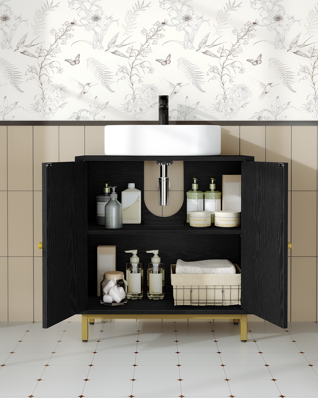 Hzuaneri Vanity Unit with 2 Doors, Adjustable Shelf, Lots of Storage Space, Freestanding, Country House Style, 30 x 60 x 63 cm, Black BC19104G