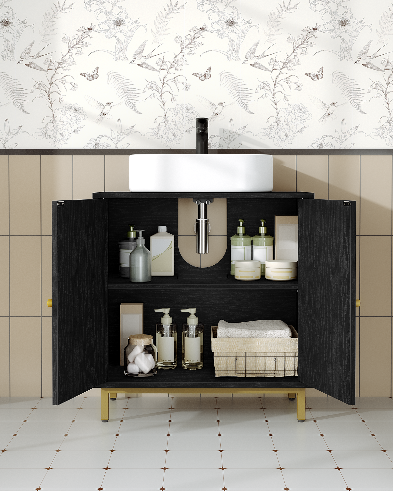 Hzuaneri Vanity Unit with 2 Doors, Adjustable Shelf, Lots of Storage Space, Freestanding, Country House Style, 30 x 60 x 63 cm, Black BC19104G