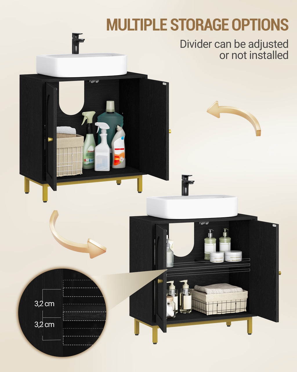 Hzuaneri Vanity Unit with 2 Doors, Adjustable Shelf, Lots of Storage Space, Freestanding, Country House Style, 30 x 60 x 63 cm, Black BC19104G