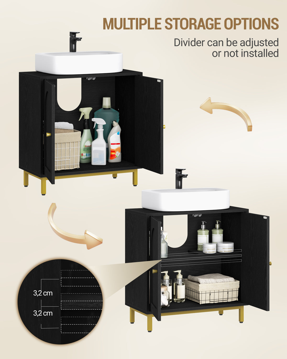 Hzuaneri Vanity Unit with 2 Doors, Adjustable Shelf, Lots of Storage Space, Freestanding, Country House Style, 30 x 60 x 63 cm, Black BC19104G