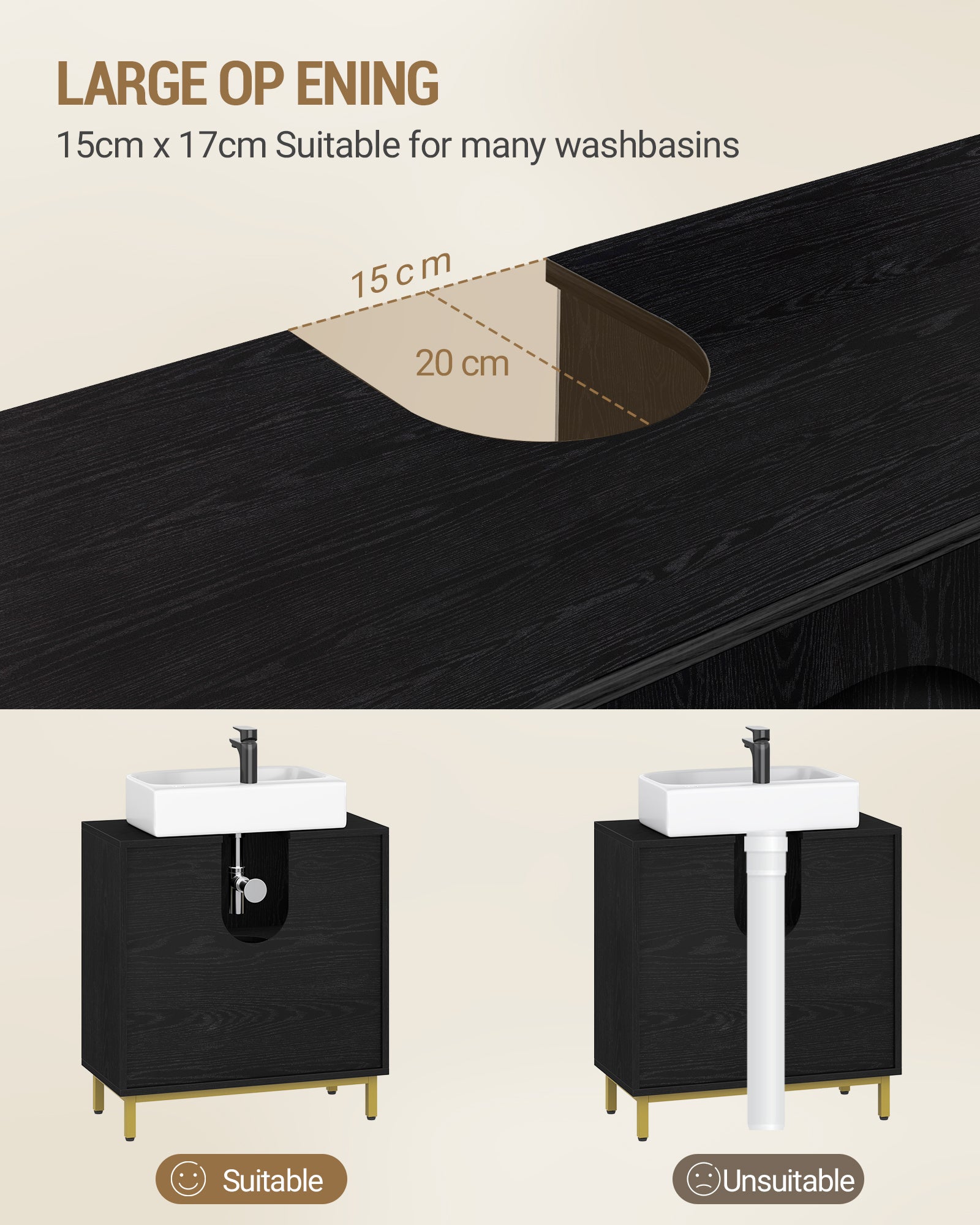Hzuaneri Vanity Unit with 2 Doors, Adjustable Shelf, Lots of Storage Space, Freestanding, Country House Style, 30 x 60 x 63 cm, Black BC19104G