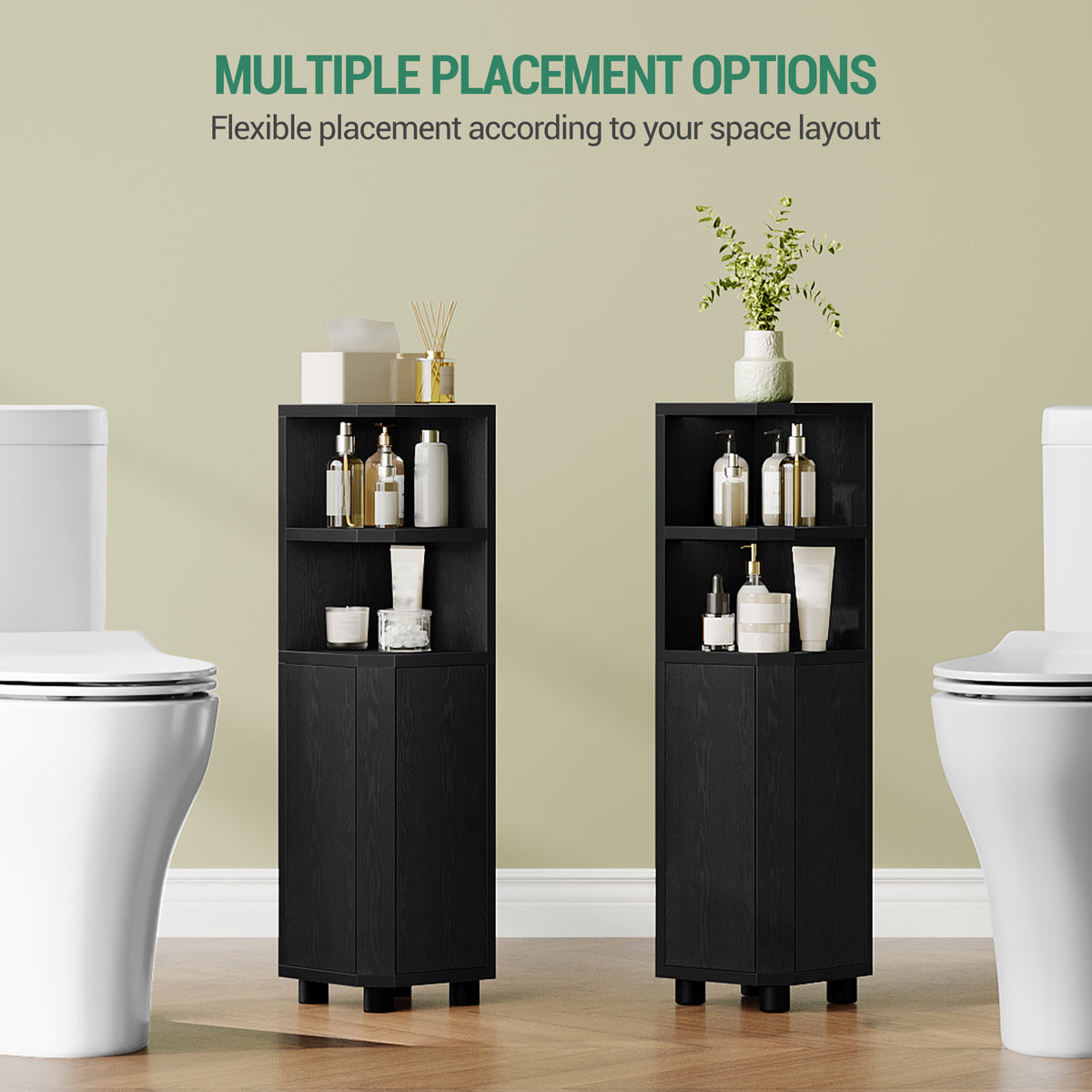 Hzuaneri Bathroom Cabinet, Corner Bathroom Cabinet with Doors - Narrow Toilet Organizer with Adjustable Shelf, 2 Open Spaces and 2 Side Doors, 20 x 20 x 79 cm, Black EBC20004X