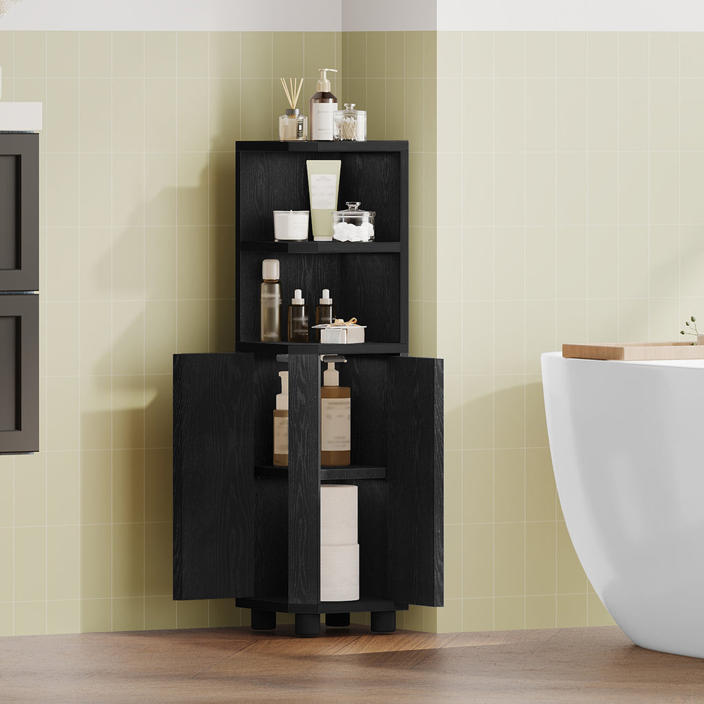 Hzuaneri Bathroom Cabinet, Corner Bathroom Cabinet with Doors - Narrow Toilet Organizer with Adjustable Shelf, 2 Open Spaces and 2 Side Doors, 20 x 20 x 79 cm, Black EBC20004X