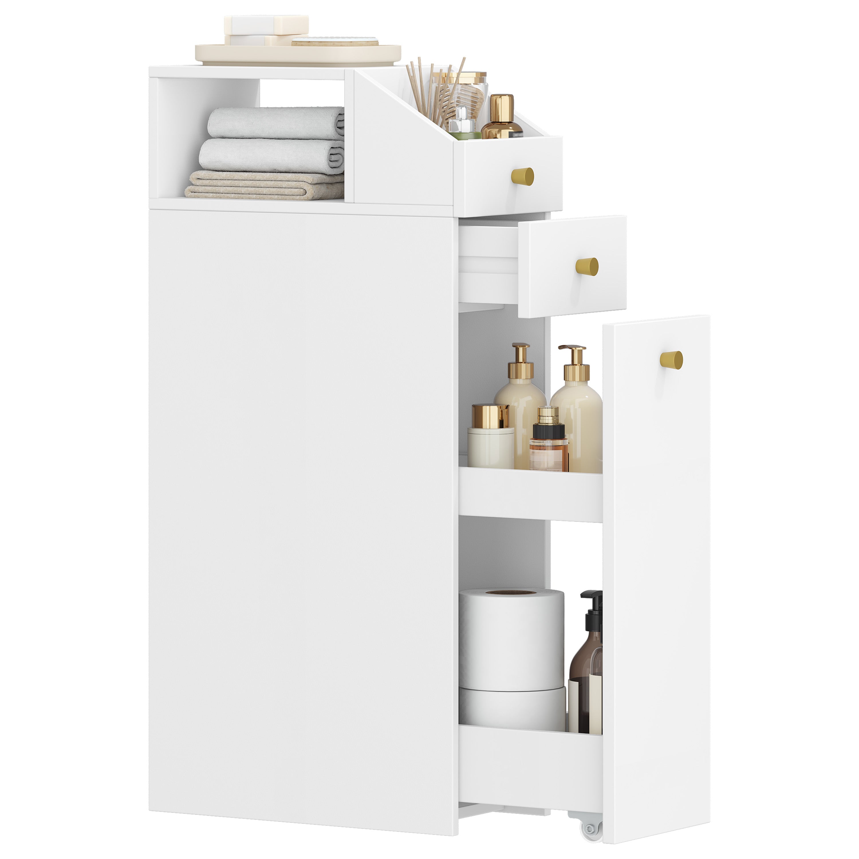 Hzuaneri Small Bathroom Cabinet Narrow Small Cabinet for Toilet Paper Toilet Cabinet with Drawers with Drawer on Wheels 40 x 20 x 80 cm White BC22003X