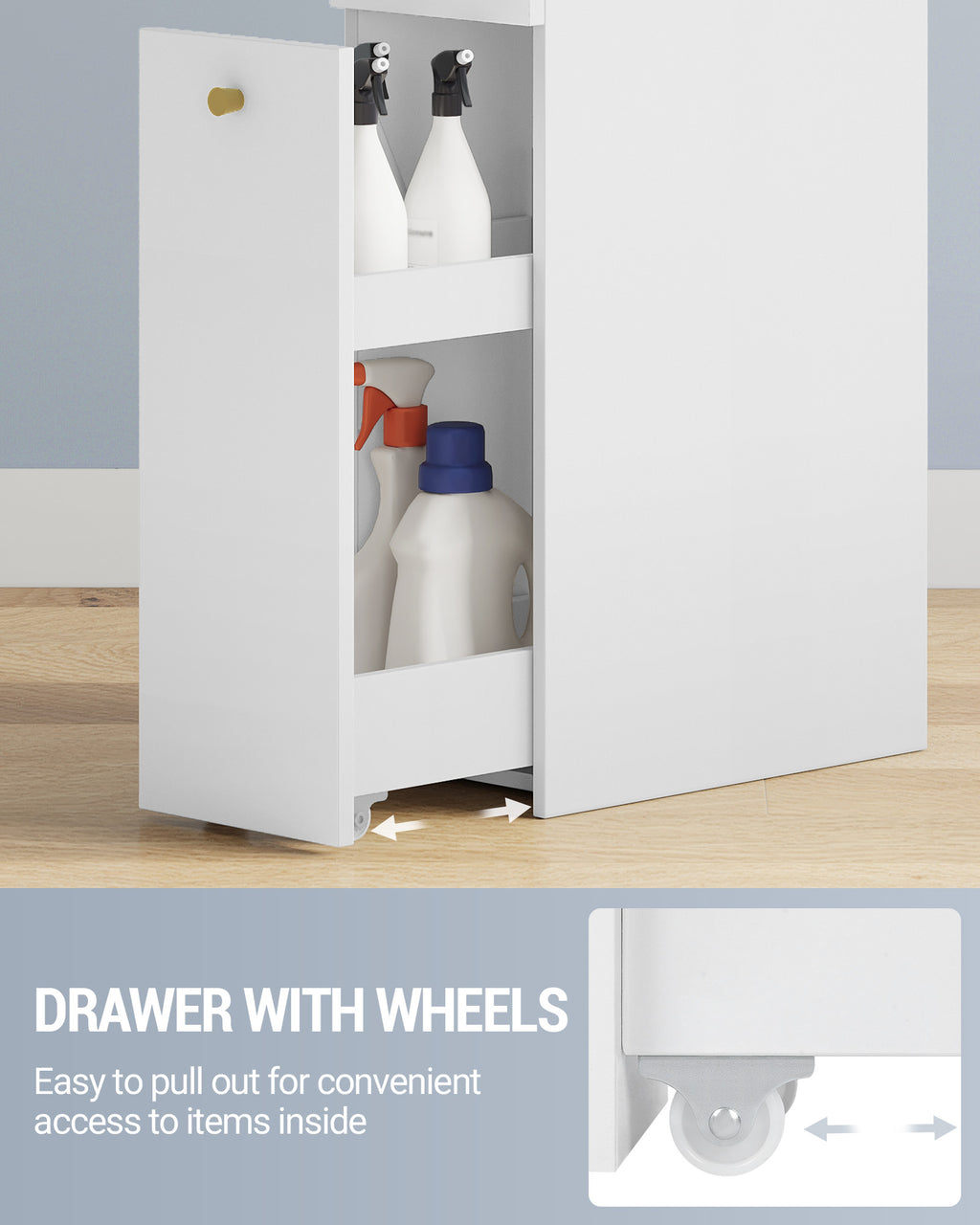 Hzuaneri Small Bathroom Cabinet Narrow Small Cabinet for Toilet Paper Toilet Cabinet with Drawers with Drawer on Wheels 40 x 20 x 80 cm White BC22003X