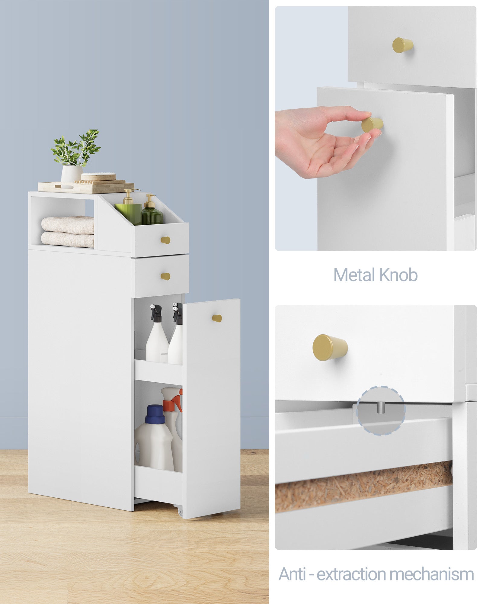 Hzuaneri Small Bathroom Cabinet Narrow Small Cabinet for Toilet Paper Toilet Cabinet with Drawers with Drawer on Wheels 40 x 20 x 80 cm White BC22003X