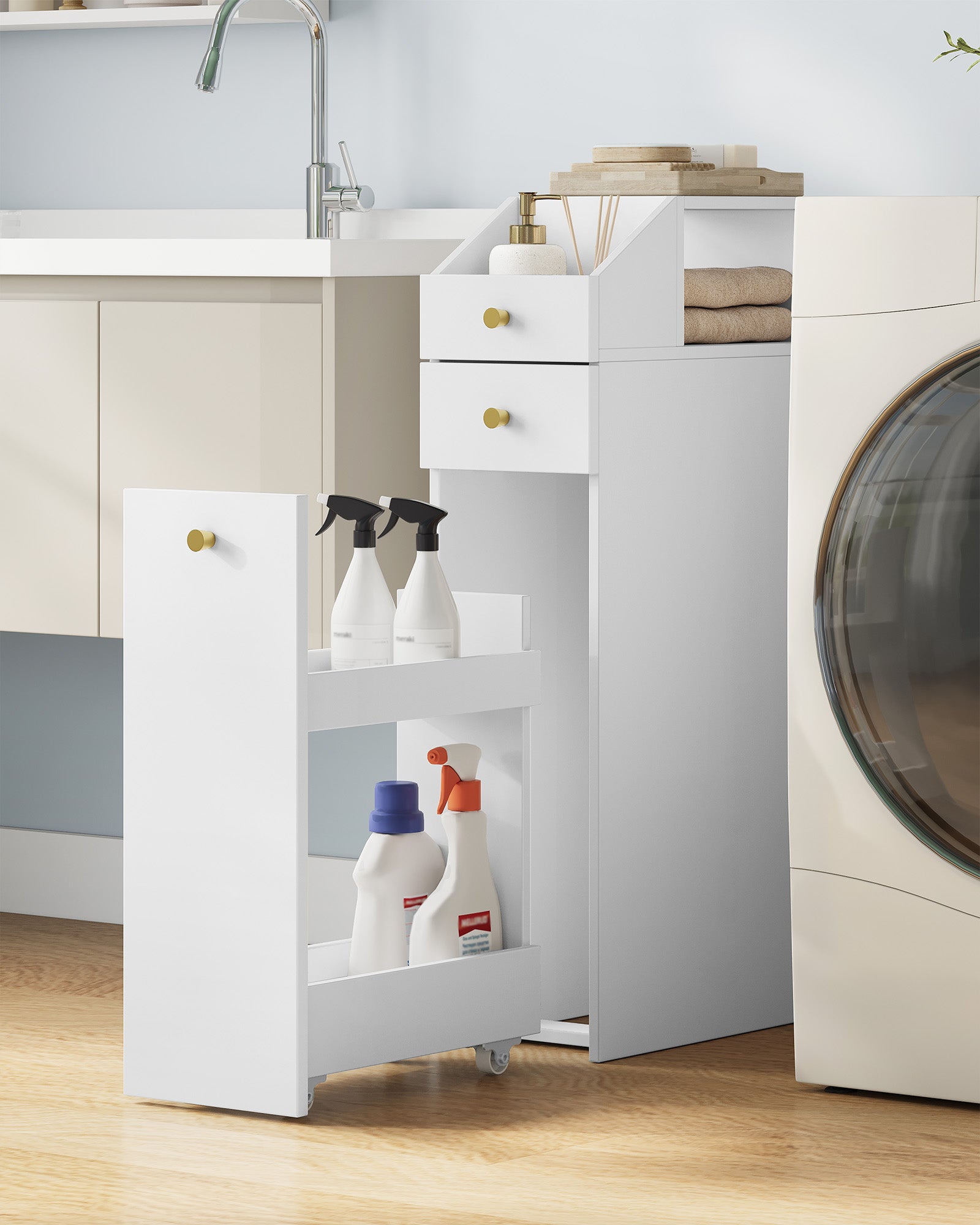 Hzuaneri Small Bathroom Cabinet Narrow Small Cabinet for Toilet Paper Toilet Cabinet with Drawers with Drawer on Wheels 40 x 20 x 80 cm White BC22003X