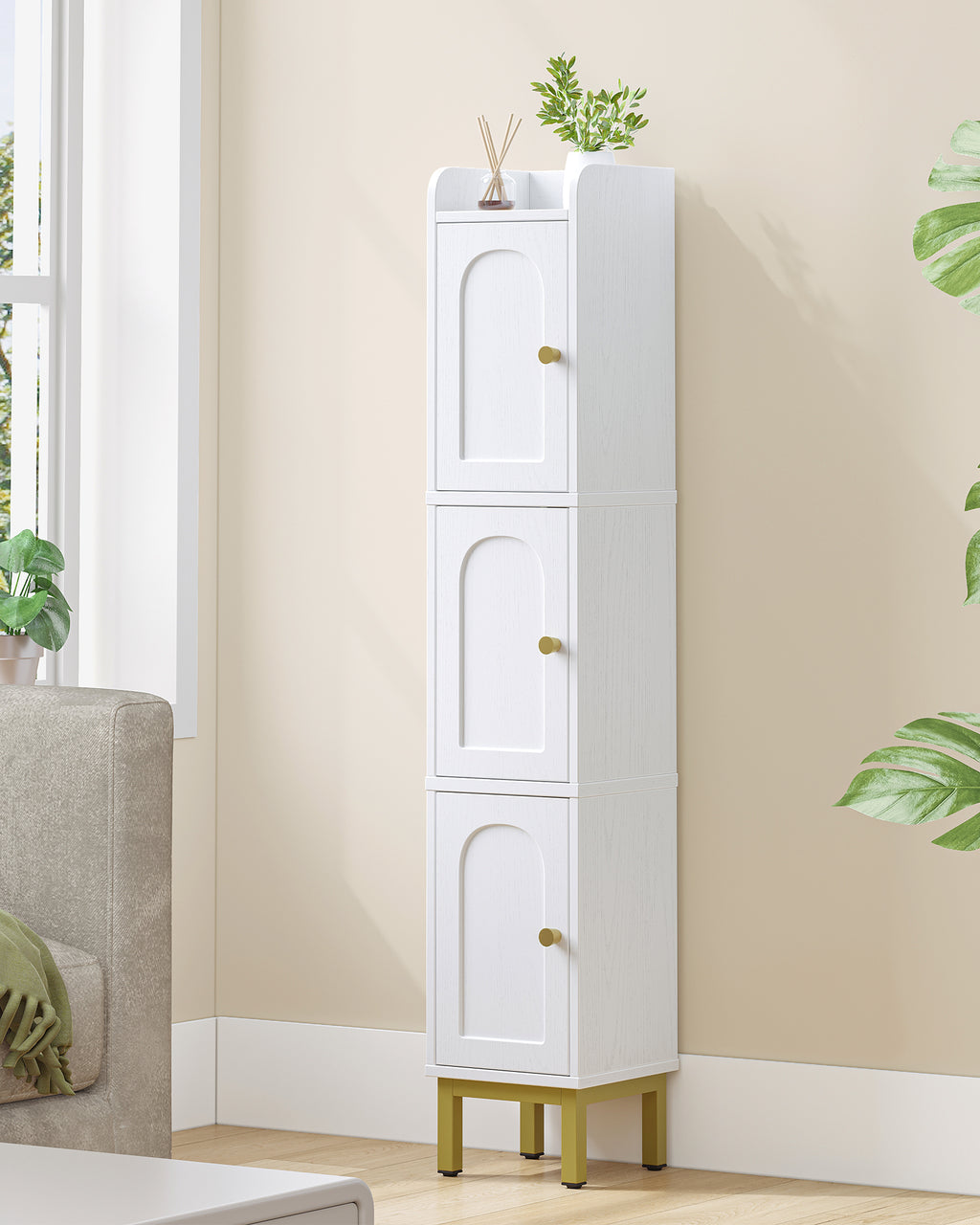 Hzuaneri Bathroom Cabinet, Tall Cabinet with 3 Doors, 20 x 20 x 108.5 cm, Corner Cabinet, Toilet Cabinet, Adjustable Feet, for Bathroom, Laundry Room, Kitchen, Living Room, White BC22313G