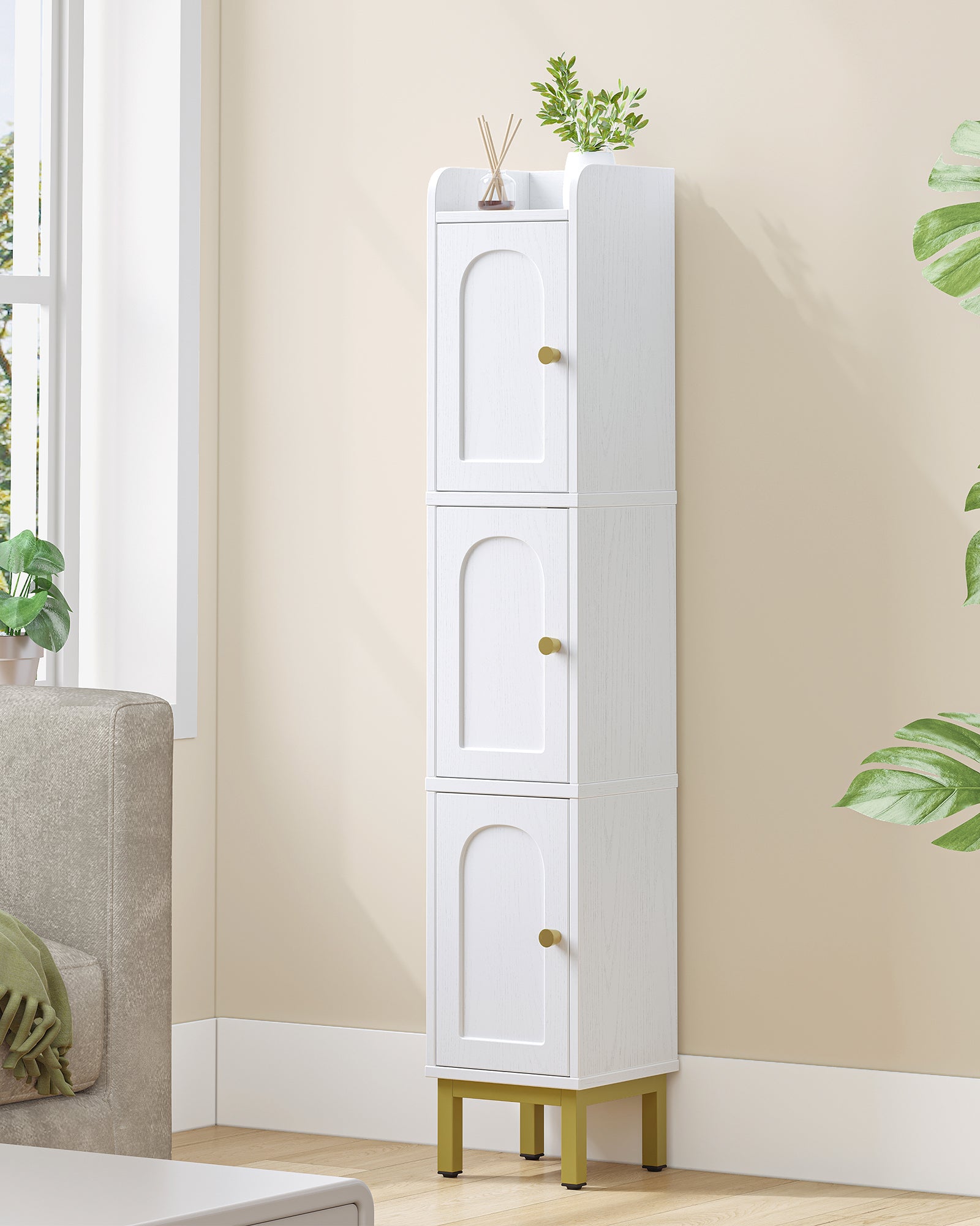 Hzuaneri Bathroom Cabinet, Tall Cabinet with 3 Doors, 20 x 20 x 108.5 cm, Corner Cabinet, Toilet Cabinet, Adjustable Feet, for Bathroom, Laundry Room, Kitchen, Living Room, White BC22313G