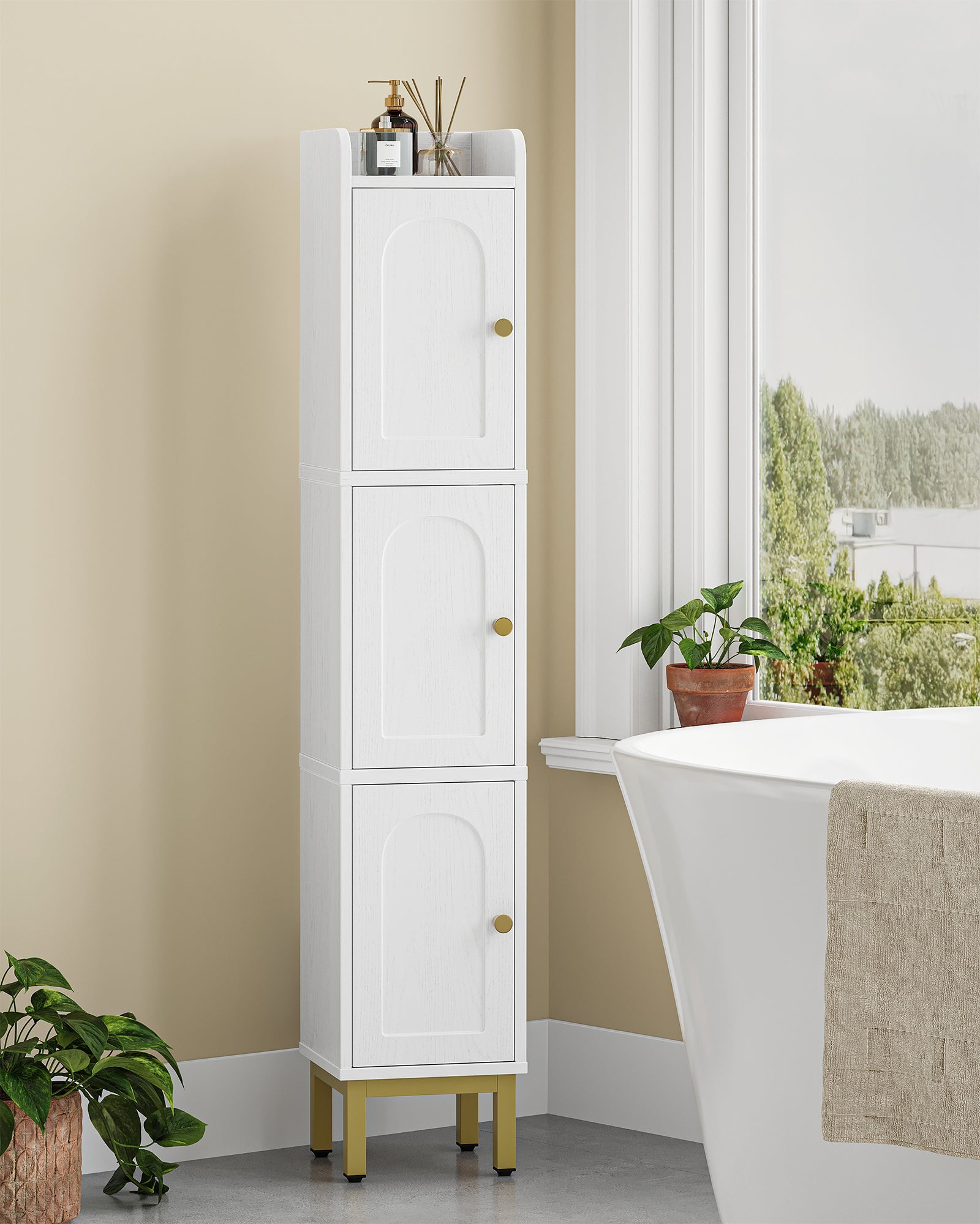 Hzuaneri Bathroom Cabinet, Tall Cabinet with 3 Doors, 20 x 20 x 108.5 cm, Corner Cabinet, Toilet Cabinet, Adjustable Feet, for Bathroom, Laundry Room, Kitchen, Living Room, White BC22313G