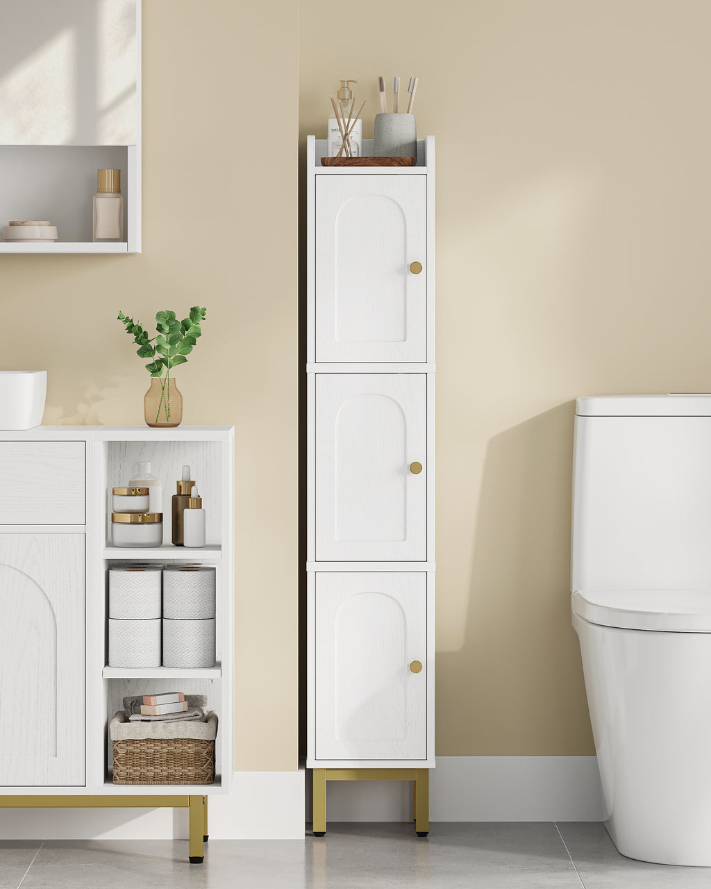 Hzuaneri Bathroom Cabinet, Tall Cabinet with 3 Doors, 20 x 20 x 108.5 cm, Corner Cabinet, Toilet Cabinet, Adjustable Feet, for Bathroom, Laundry Room, Kitchen, Living Room, White BC22313G