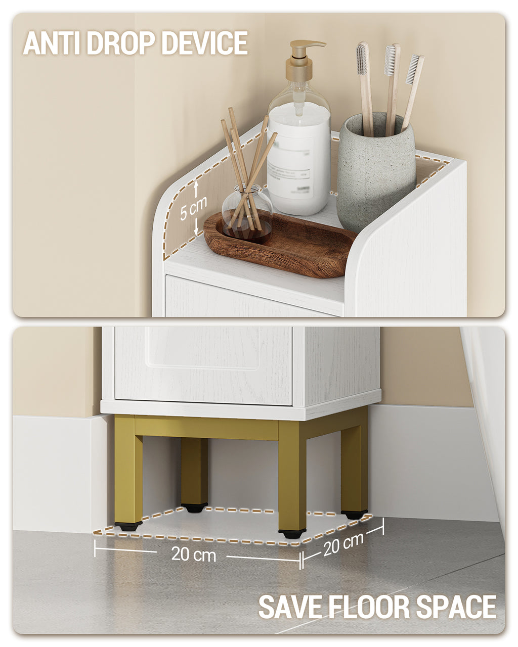 Hzuaneri Bathroom Cabinet, Tall Cabinet with 3 Doors, 20 x 20 x 108.5 cm, Corner Cabinet, Toilet Cabinet, Adjustable Feet, for Bathroom, Laundry Room, Kitchen, Living Room, White BC22313G