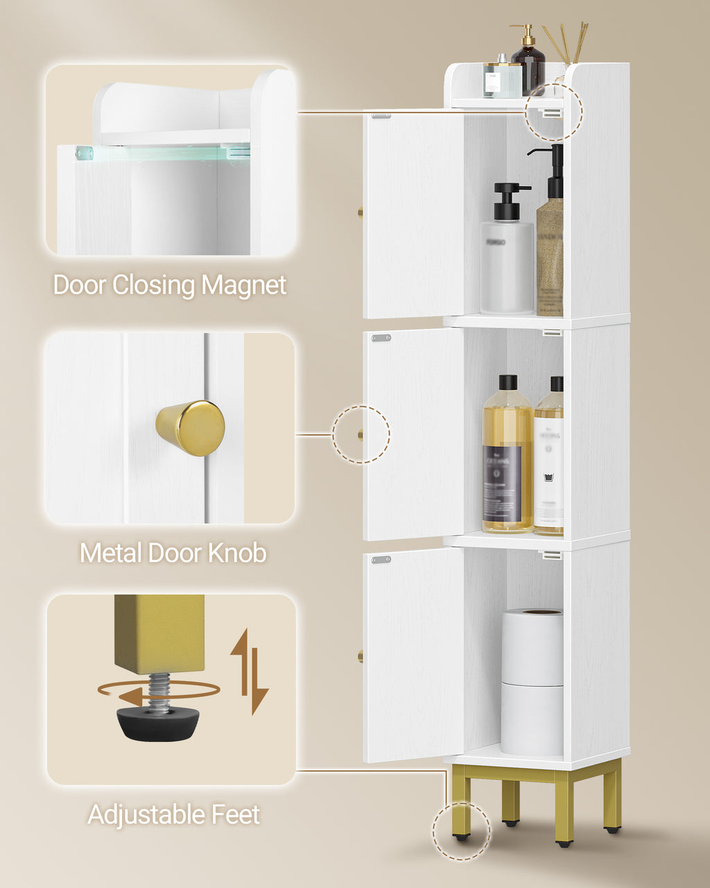 Hzuaneri Bathroom Cabinet, Tall Cabinet with 3 Doors, 20 x 20 x 108.5 cm, Corner Cabinet, Toilet Cabinet, Adjustable Feet, for Bathroom, Laundry Room, Kitchen, Living Room, White BC22313G