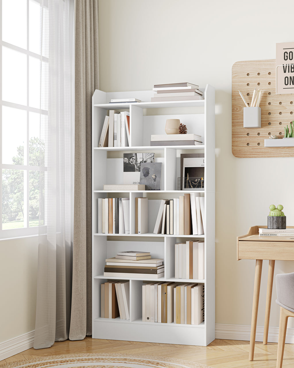 Hzuaneri Bookshelf, Bookcase, with 6 Shelves, Storage Shelf, Freestanding Shelf, for Living Room, Office, Bedroom, 24 x 80 x 170 cm, White BC22803X