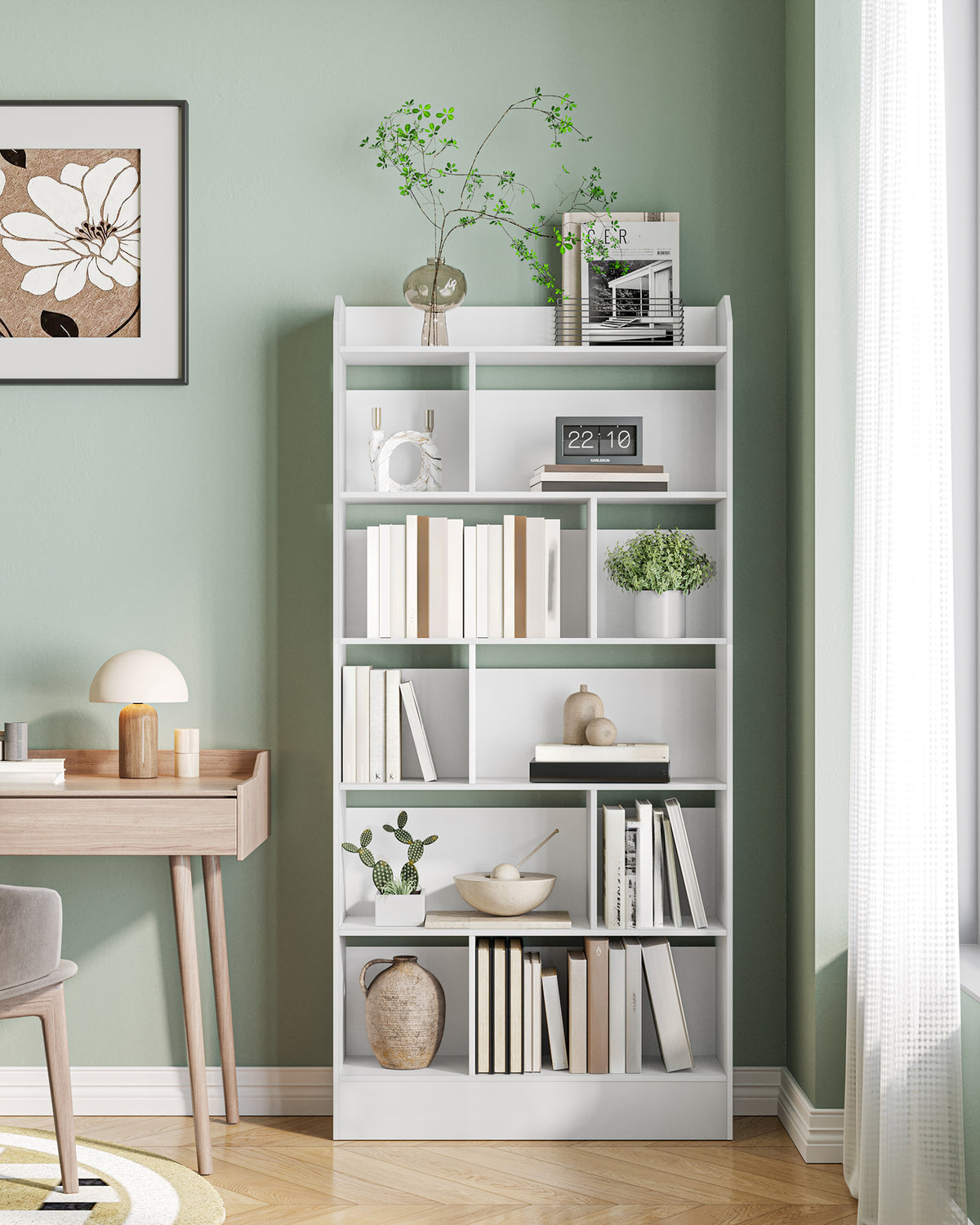 Hzuaneri Bookshelf, Bookcase, with 6 Shelves, Storage Shelf, Freestanding Shelf, for Living Room, Office, Bedroom, 24 x 80 x 170 cm, White BC22803X