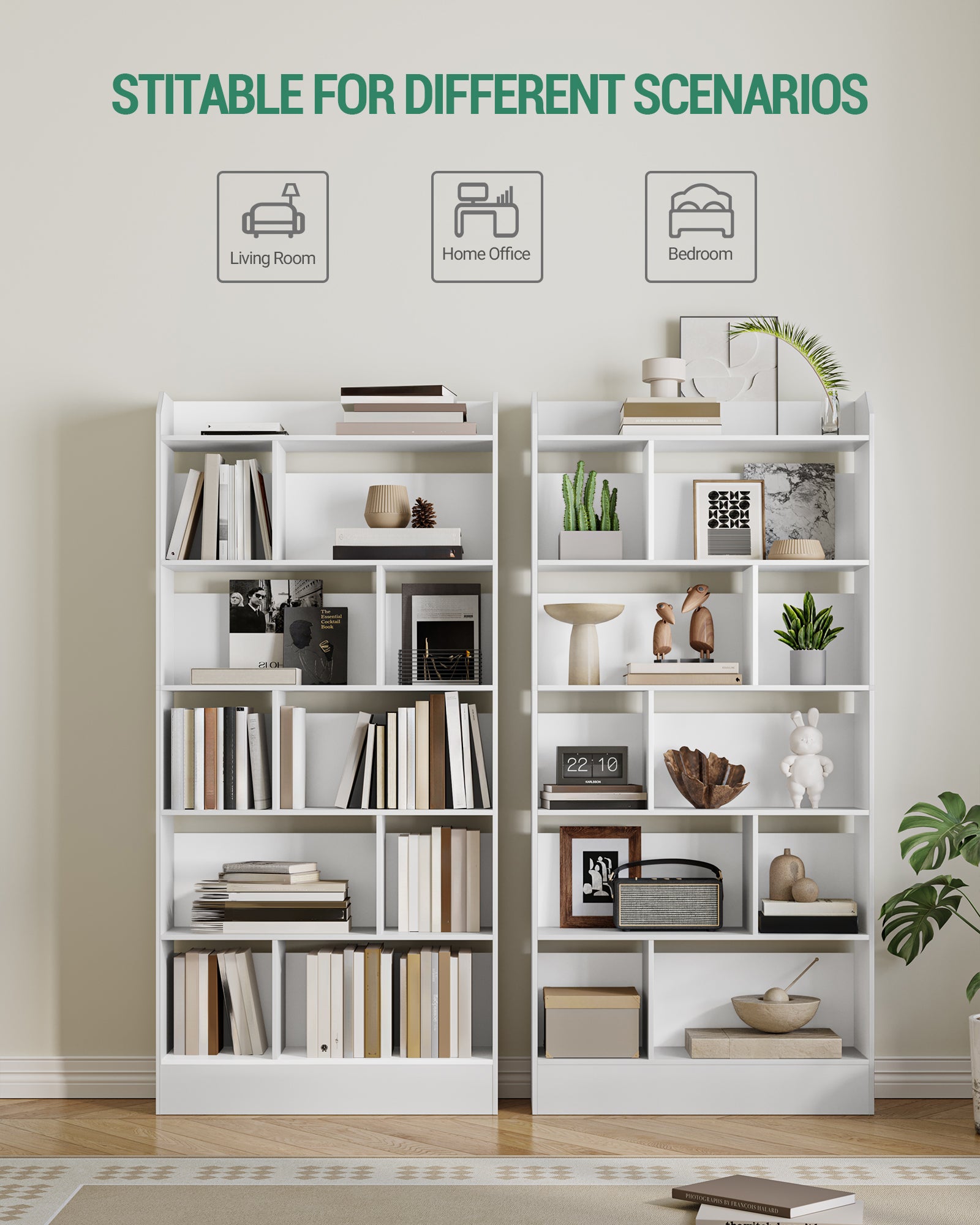 Hzuaneri Bookshelf, Bookcase, with 6 Shelves, Storage Shelf, Freestanding Shelf, for Living Room, Office, Bedroom, 24 x 80 x 170 cm, White BC22803X