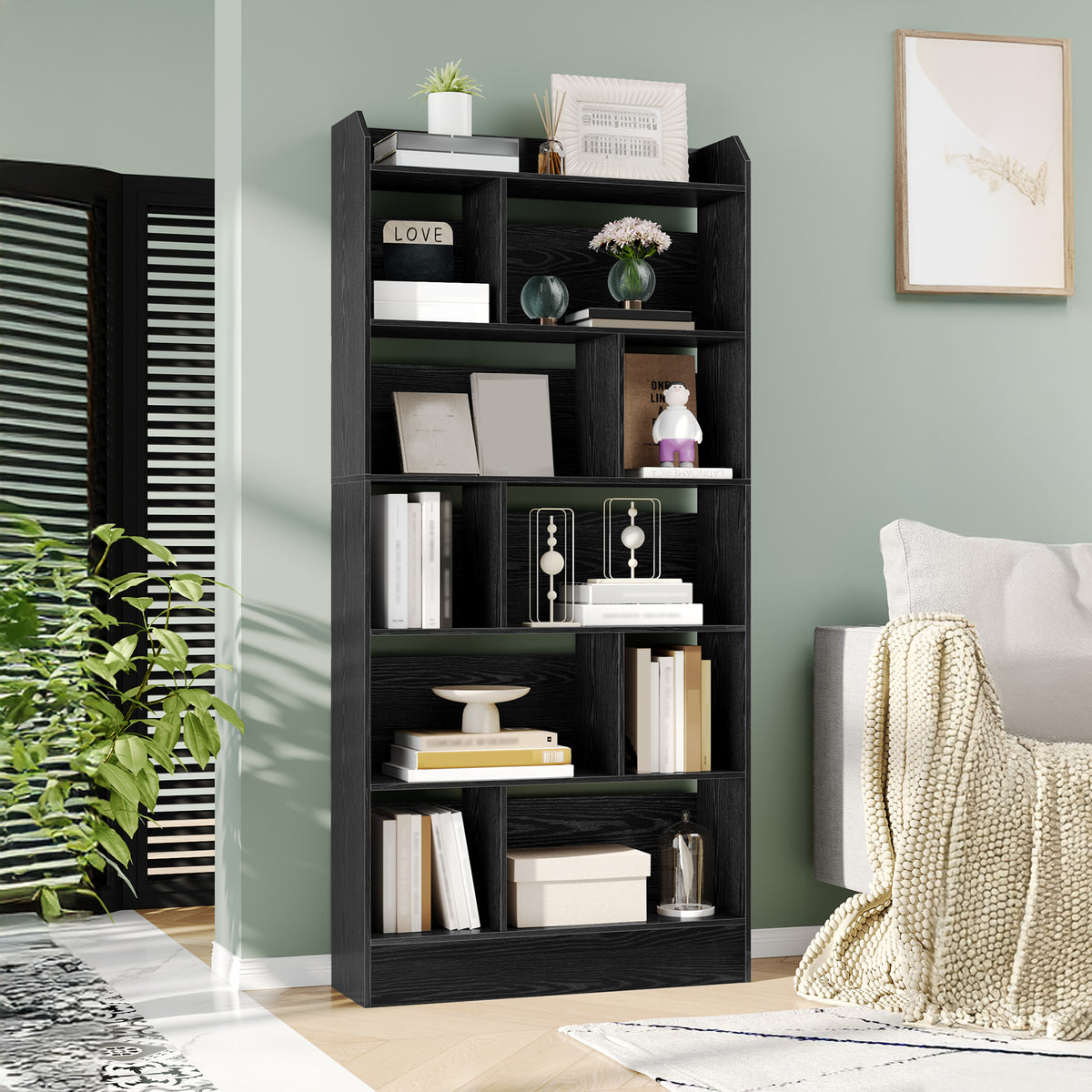 Hzuaneri Libreria a 6 Ripiani, Scaffale con Scomparti e Ripiani Aperti, Organizzatore, Libreria Verticale Mobiletto Multiuso per Soggiorno, Camera da Letto, Studio, 24 x 80 x 170 cm, Nero BC22804X