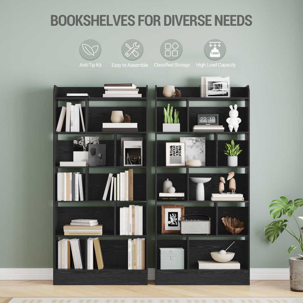 Hzuaneri Libreria a 6 Ripiani, Scaffale con Scomparti e Ripiani Aperti, Organizzatore, Libreria Verticale Mobiletto Multiuso per Soggiorno, Camera da Letto, Studio, 24 x 80 x 170 cm, Nero BC22804X