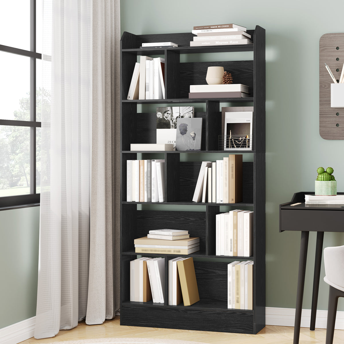 Hzuaneri Libreria a 6 Ripiani, Scaffale con Scomparti e Ripiani Aperti, Organizzatore, Libreria Verticale Mobiletto Multiuso per Soggiorno, Camera da Letto, Studio, 24 x 80 x 170 cm, Nero BC22804X