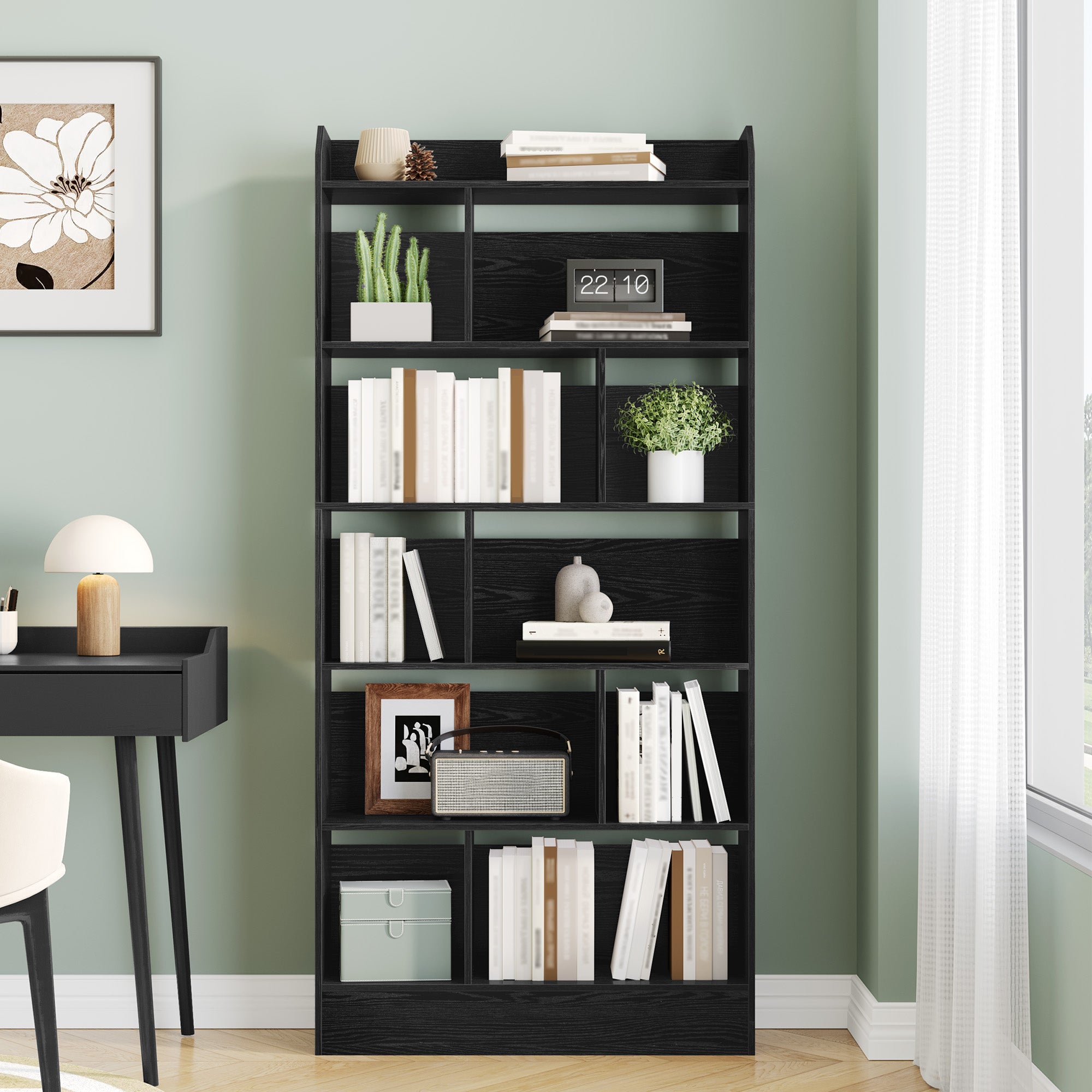 Hzuaneri Libreria a 6 Ripiani, Scaffale con Scomparti e Ripiani Aperti, Organizzatore, Libreria Verticale Mobiletto Multiuso per Soggiorno, Camera da Letto, Studio, 24 x 80 x 170 cm, Nero BC22804X