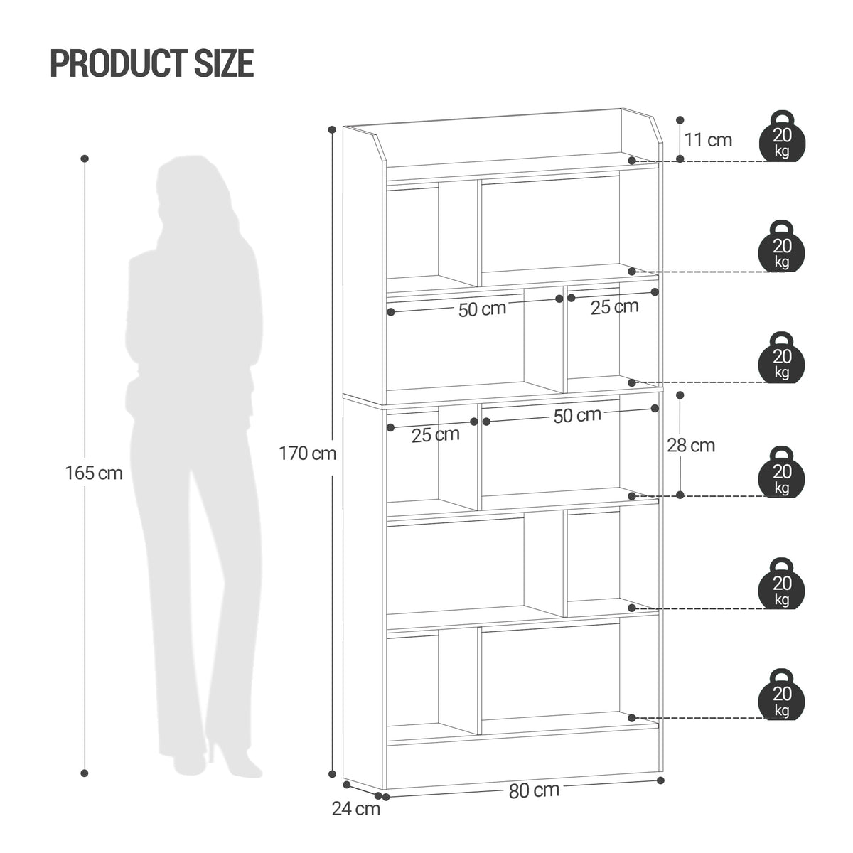 Hzuaneri Bookshelf, Bookcase, with 6 Shelves, Storage Shelf, Freestanding Shelf, for Living Room, Office, Bedroom, 24 x 80 x 170 cm, Oak Beige BC22816X