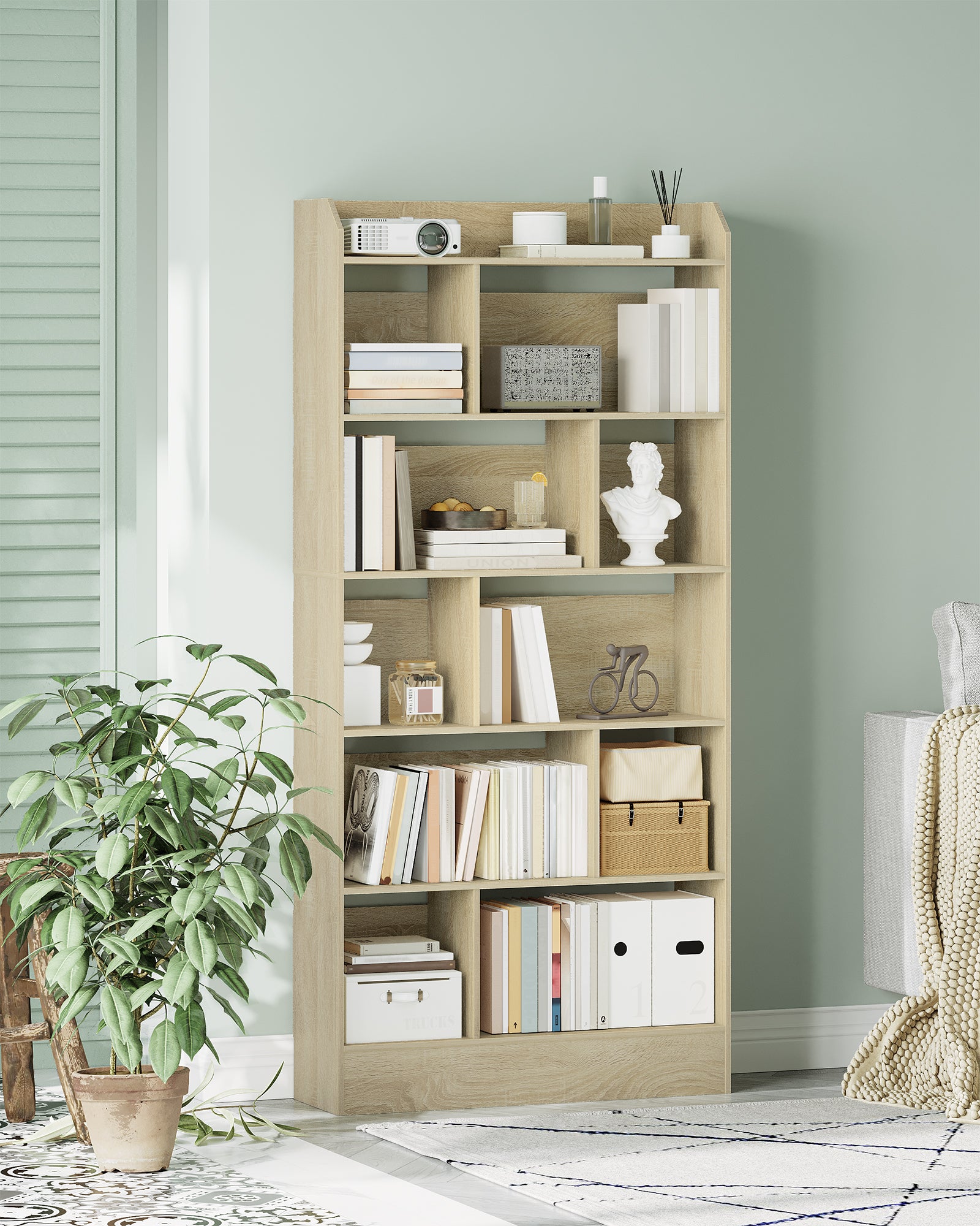 Hzuaneri Bookshelf, Bookcase, with 6 Shelves, Storage Shelf, Freestanding Shelf, for Living Room, Office, Bedroom, 24 x 80 x 170 cm, Oak Beige BC22816X