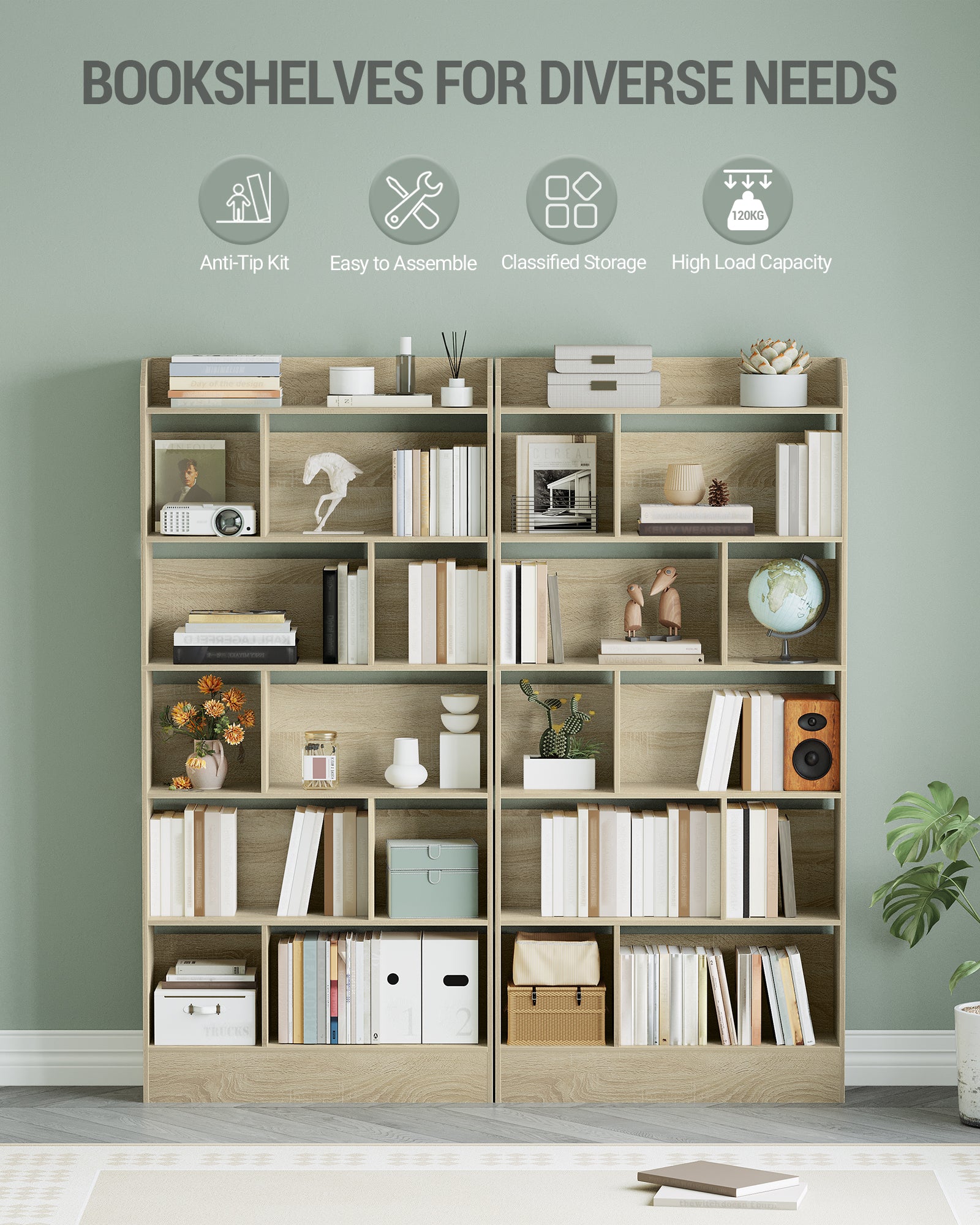 Hzuaneri Bookshelf, Bookcase, with 6 Shelves, Storage Shelf, Freestanding Shelf, for Living Room, Office, Bedroom, 24 x 80 x 170 cm, Oak Beige BC22816X