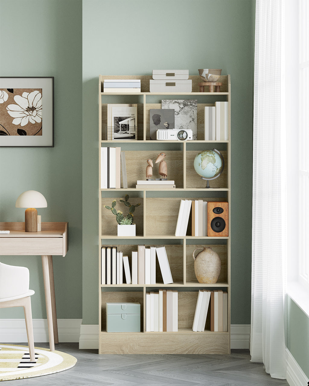 Hzuaneri Bookshelf, Bookcase, with 6 Shelves, Storage Shelf, Freestanding Shelf, for Living Room, Office, Bedroom, 24 x 80 x 170 cm, Oak Beige BC22816X