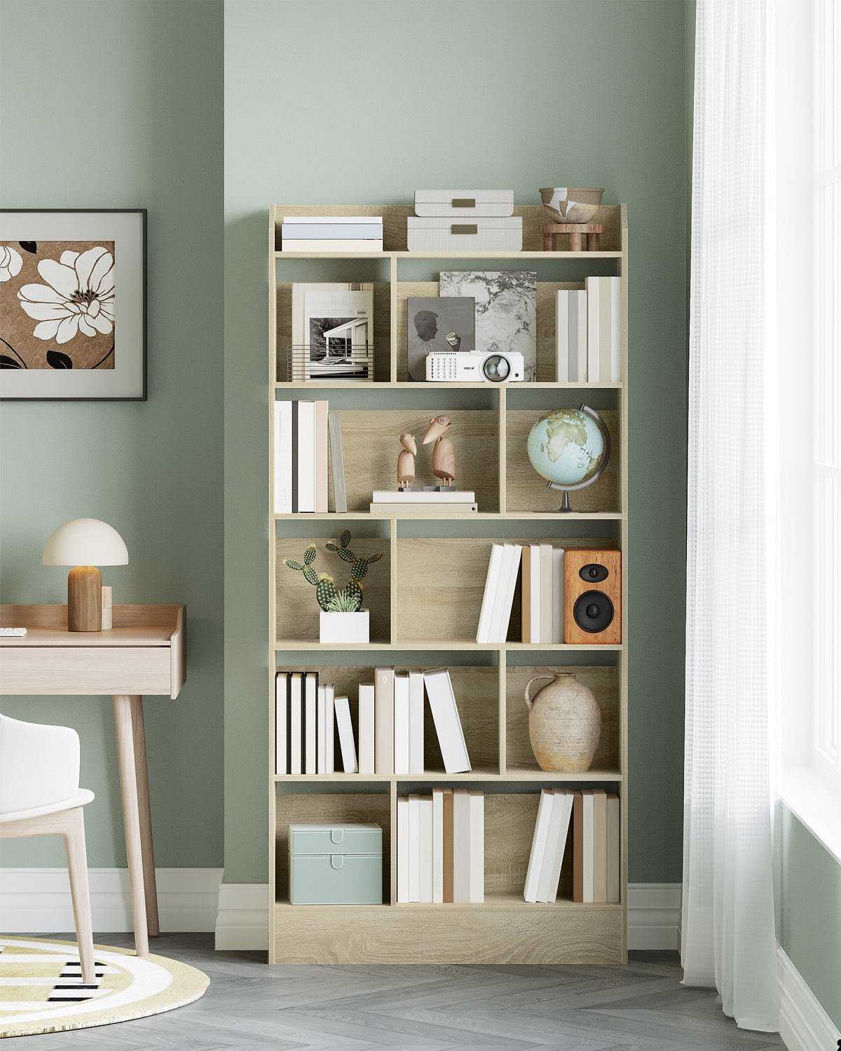 Hzuaneri Bookshelf, Bookcase, with 6 Shelves, Storage Shelf, Freestanding Shelf, for Living Room, Office, Bedroom, 24 x 80 x 170 cm, Oak Beige BC22816X