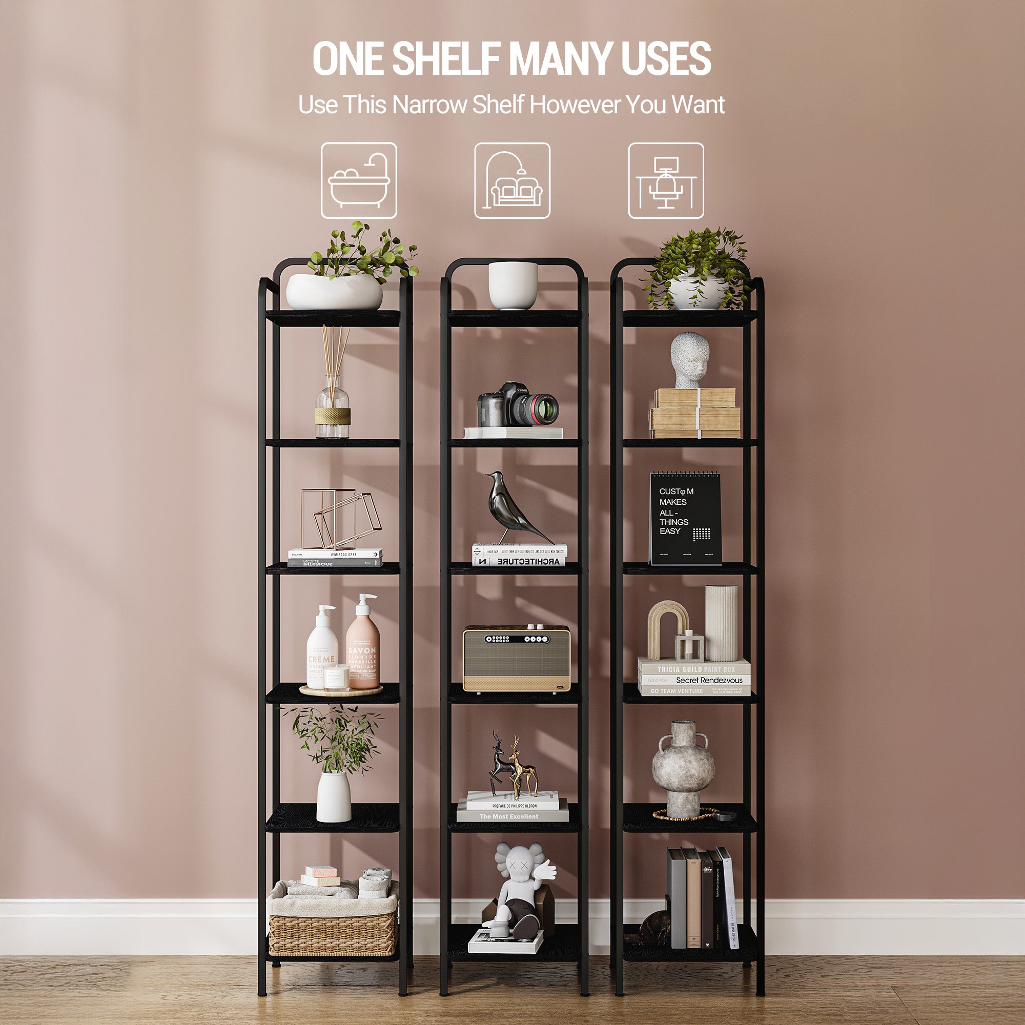 Hzuaneri 6-Tier Bookcase Bookshelf, Narrow Tall Bookcase, Slim Wooden Shelving Unit for Bedroom, Living Room, Home Office, Sturdy, Black, BC24604B