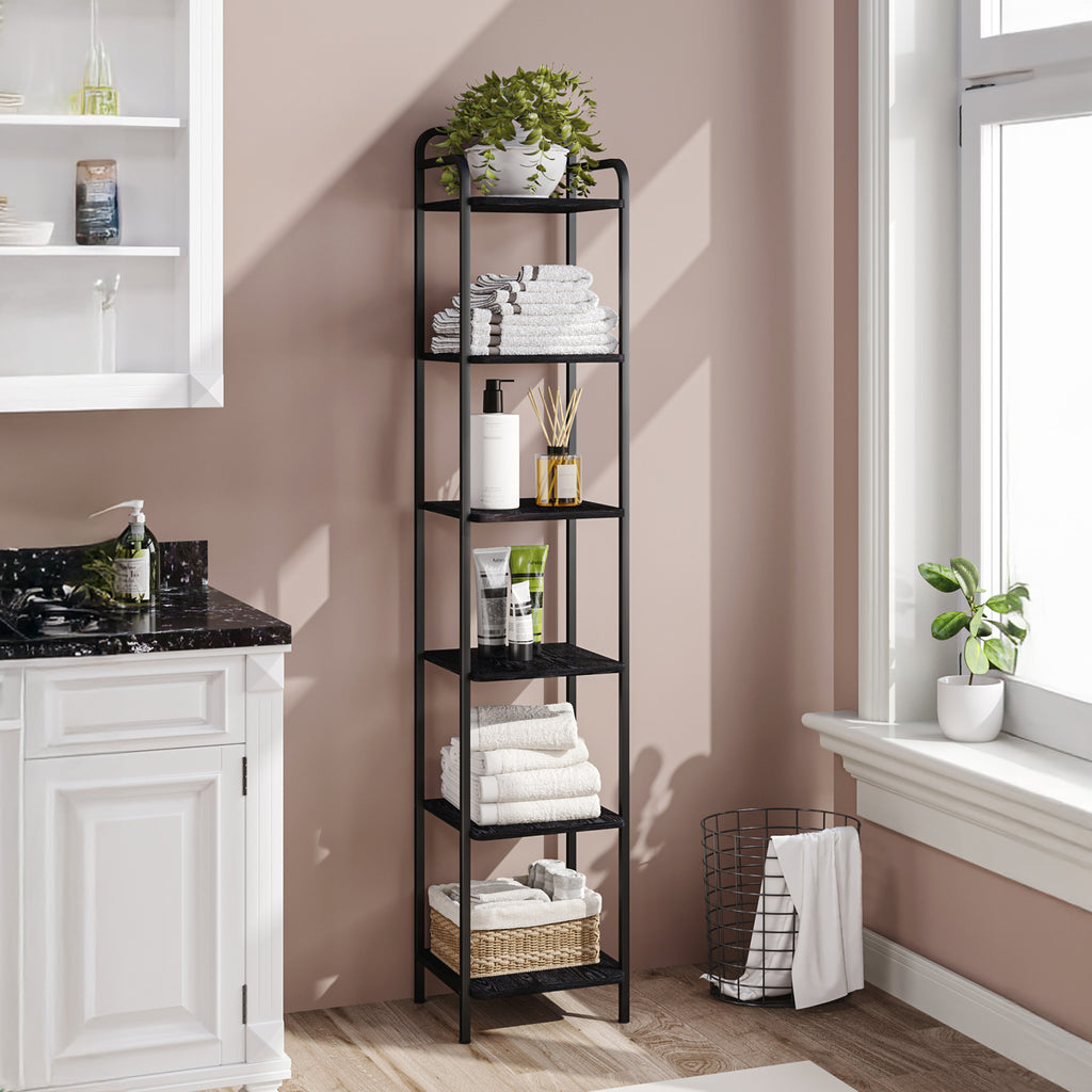 Hzuaneri 6-Tier Bookcase Bookshelf, Narrow Tall Bookcase, Slim Wooden Shelving Unit for Bedroom, Living Room, Home Office, Sturdy, Black, BC24604B