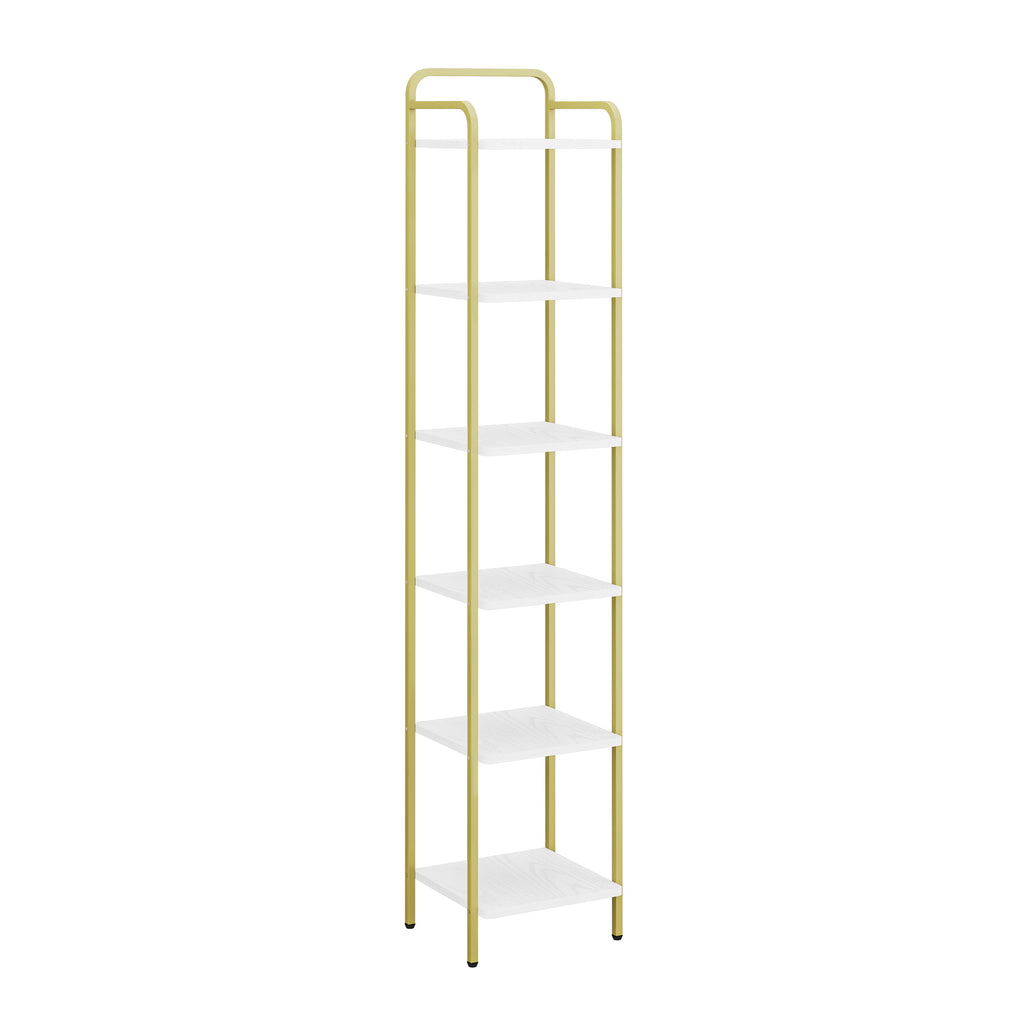 Hzuaneri 6-Tier Bookcase Bookshelf, Narrow Tall Bookcase, Slim Wooden Shelving Unit for Bedroom, Living Room, Home Office, Sturdy, White-Gold, BC24613G