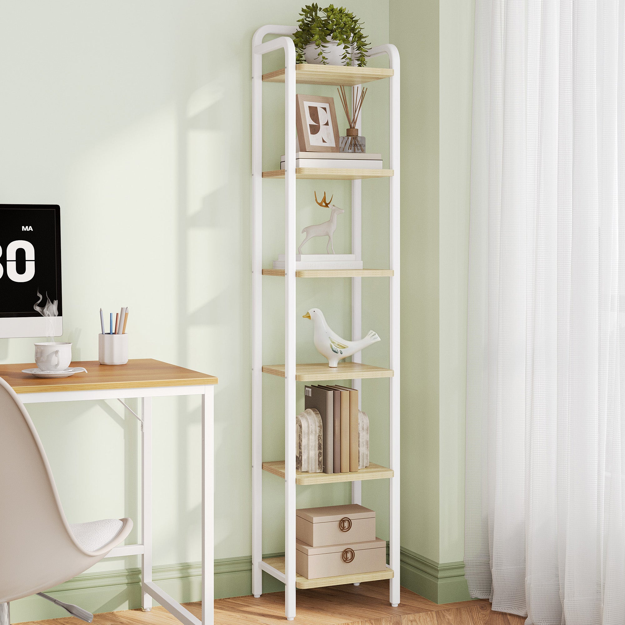 Hzuaneri Shelf, Bookcase, Standing Shelf, Narrow Shelf with 6 Shelves, Narrow Office Shelf, Corner Shelf for Office, Living Room, Bedroom, Kitchen, 30 x 33 x 166 cm, White Oak and White BC24616W
