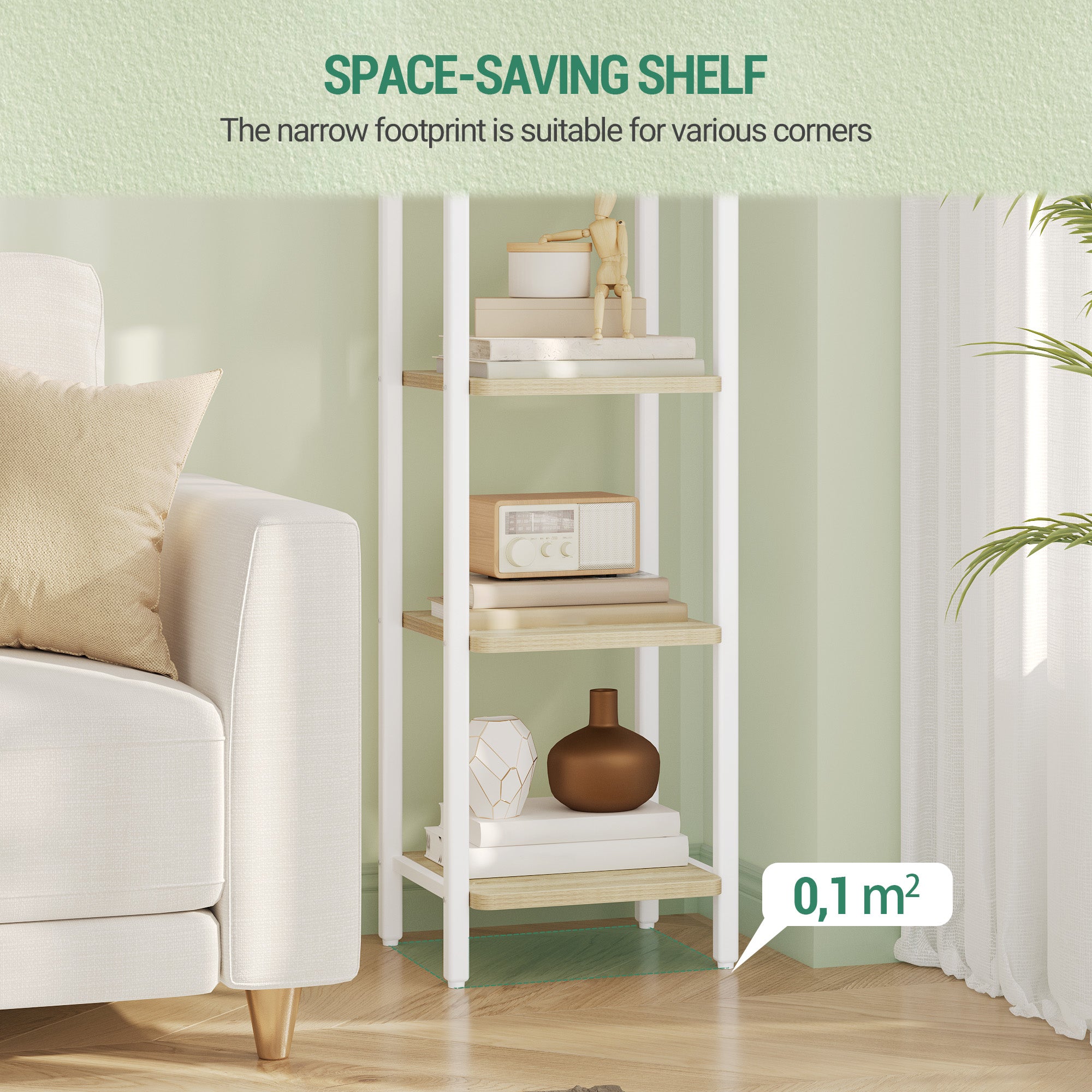 Hzuaneri Shelf, Bookcase, Standing Shelf, Narrow Shelf with 6 Shelves, Narrow Office Shelf, Corner Shelf for Office, Living Room, Bedroom, Kitchen, 30 x 33 x 166 cm, White Oak and White BC24616W