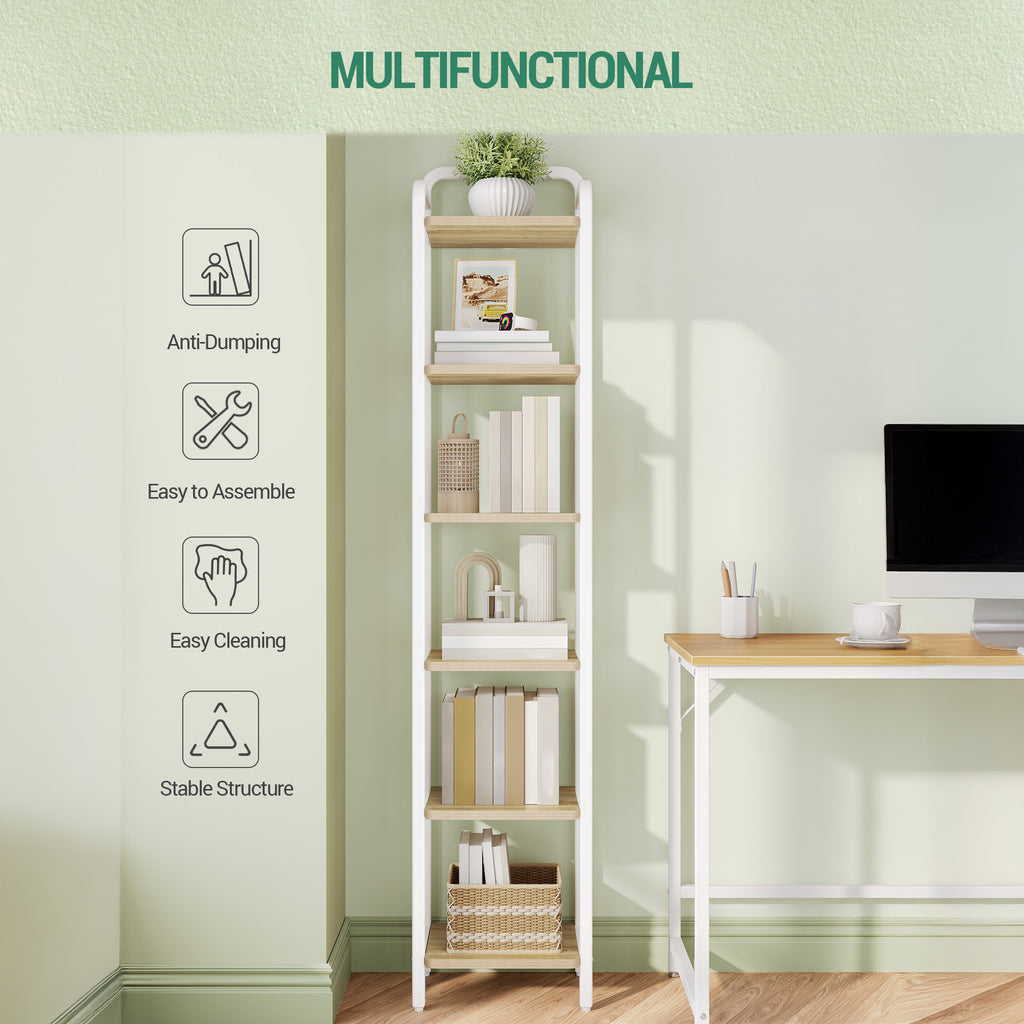 Hzuaneri Shelf, Bookcase, Standing Shelf, Narrow Shelf with 6 Shelves, Narrow Office Shelf, Corner Shelf for Office, Living Room, Bedroom, Kitchen, 30 x 33 x 166 cm, White Oak and White BC24616W
