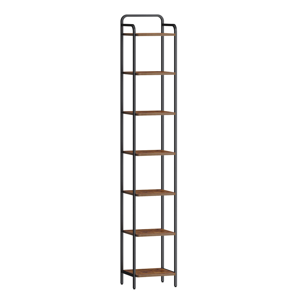 Hzuaneri 7-Tier Bookcase Bookshelf, Narrow Tall Bookcase, Slim Wooden Shelving Unit for Bedroom, Living Room, Home Office, Sturdy, Rustic Brown and Black, BC24801B