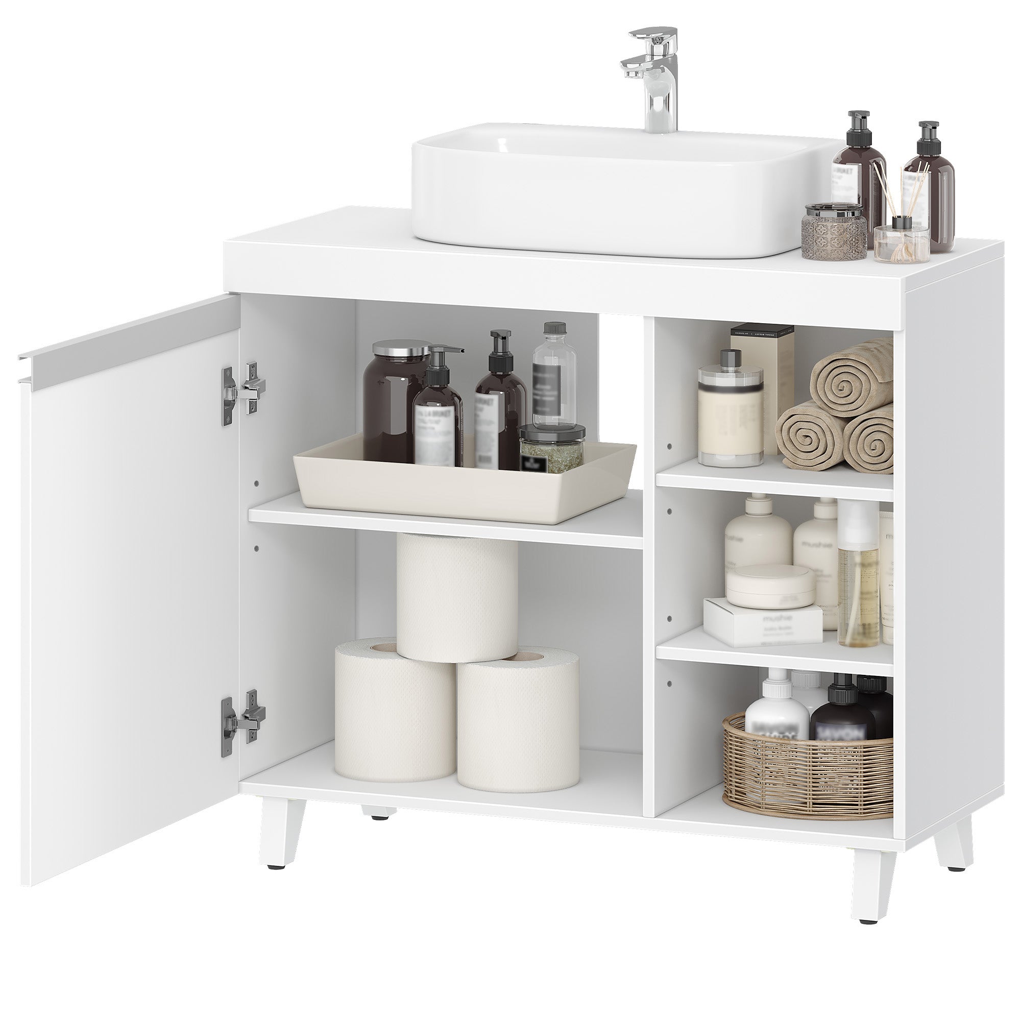 Hzuaneri vanity unit, 30 x 70 x 64 cm, bathroom cabinet with 1 door and 3 open compartments, base cabinet with adjustable shelves, freestanding vanity unit, white BC27903X