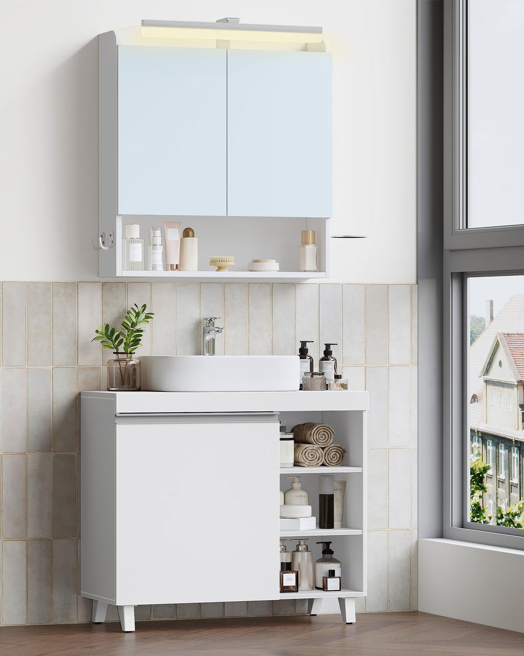 Hzuaneri vanity unit, 30 x 70 x 64 cm, bathroom cabinet with 1 door and 3 open compartments, base cabinet with adjustable shelves, freestanding vanity unit, white BC27903X