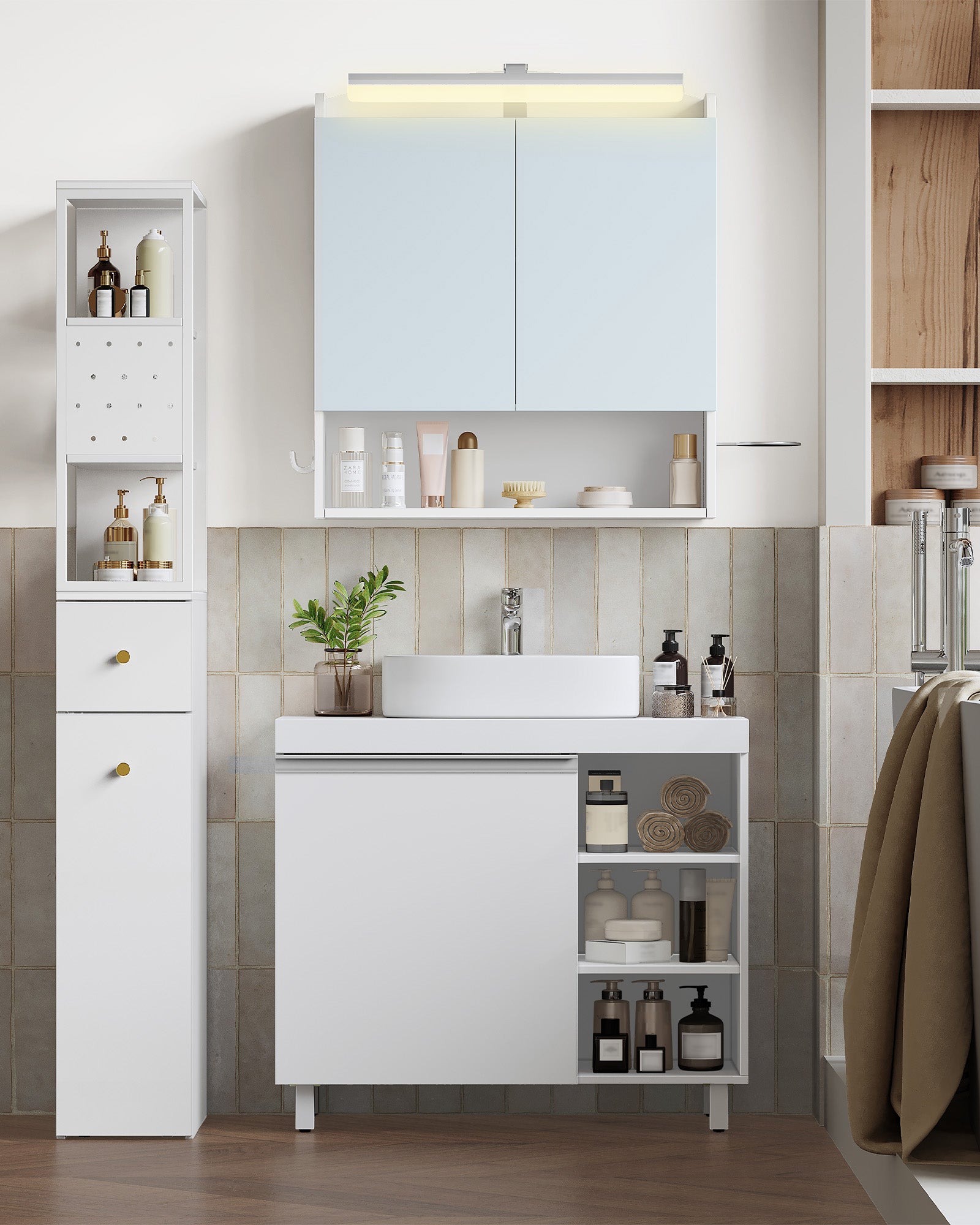 Hzuaneri vanity unit, 30 x 70 x 64 cm, bathroom cabinet with 1 door and 3 open compartments, base cabinet with adjustable shelves, freestanding vanity unit, white BC27903X