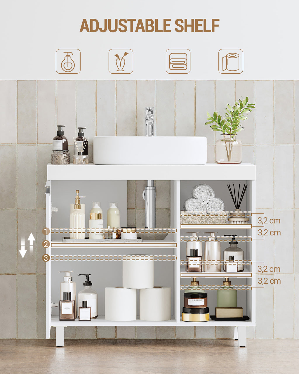 Hzuaneri vanity unit, 30 x 70 x 64 cm, bathroom cabinet with 1 door and 3 open compartments, base cabinet with adjustable shelves, freestanding vanity unit, white BC27903X