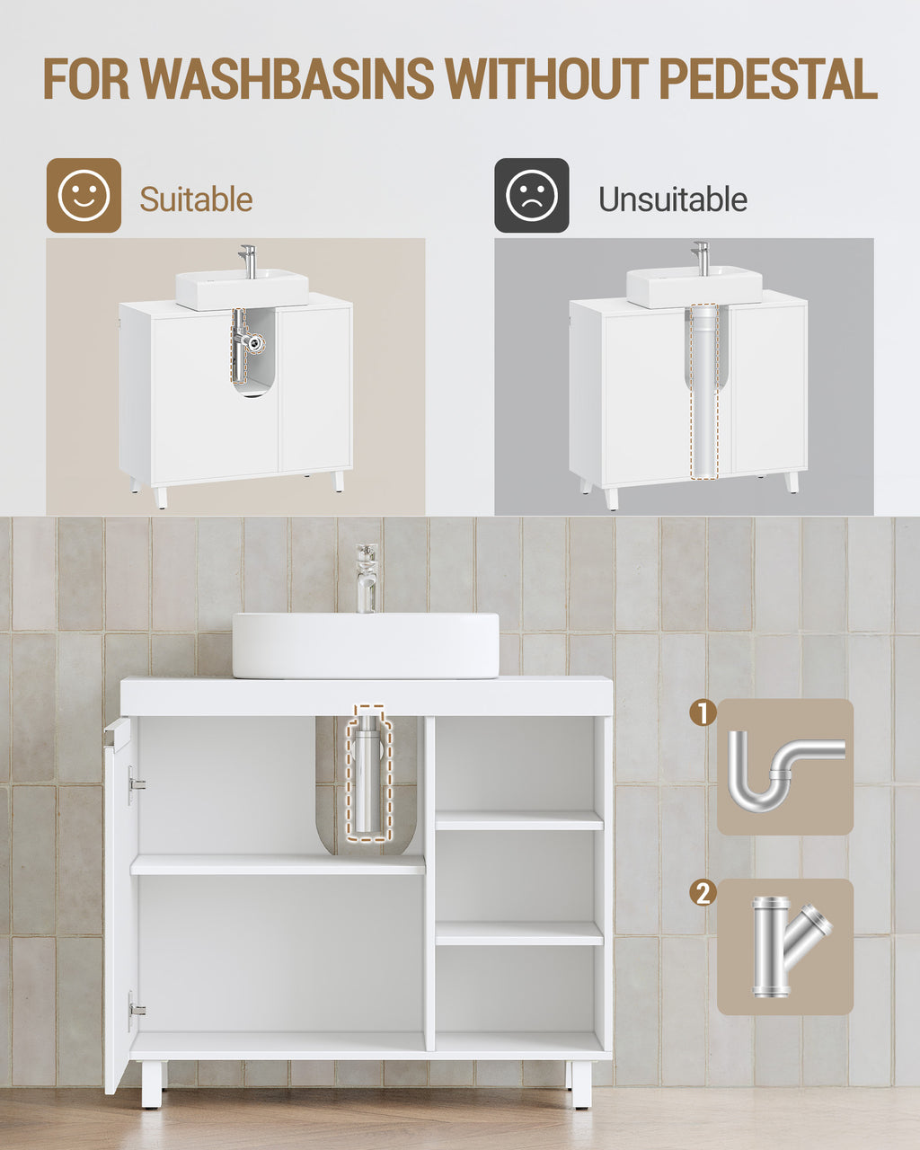 Hzuaneri vanity unit, 30 x 70 x 64 cm, bathroom cabinet with 1 door and 3 open compartments, base cabinet with adjustable shelves, freestanding vanity unit, white BC27903X