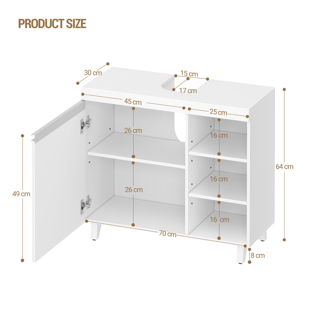 Hzuaneri vanity unit, 30 x 70 x 64 cm, bathroom cabinet with 1 door and 3 open compartments, base cabinet with adjustable shelves, freestanding vanity unit, white BC27903X