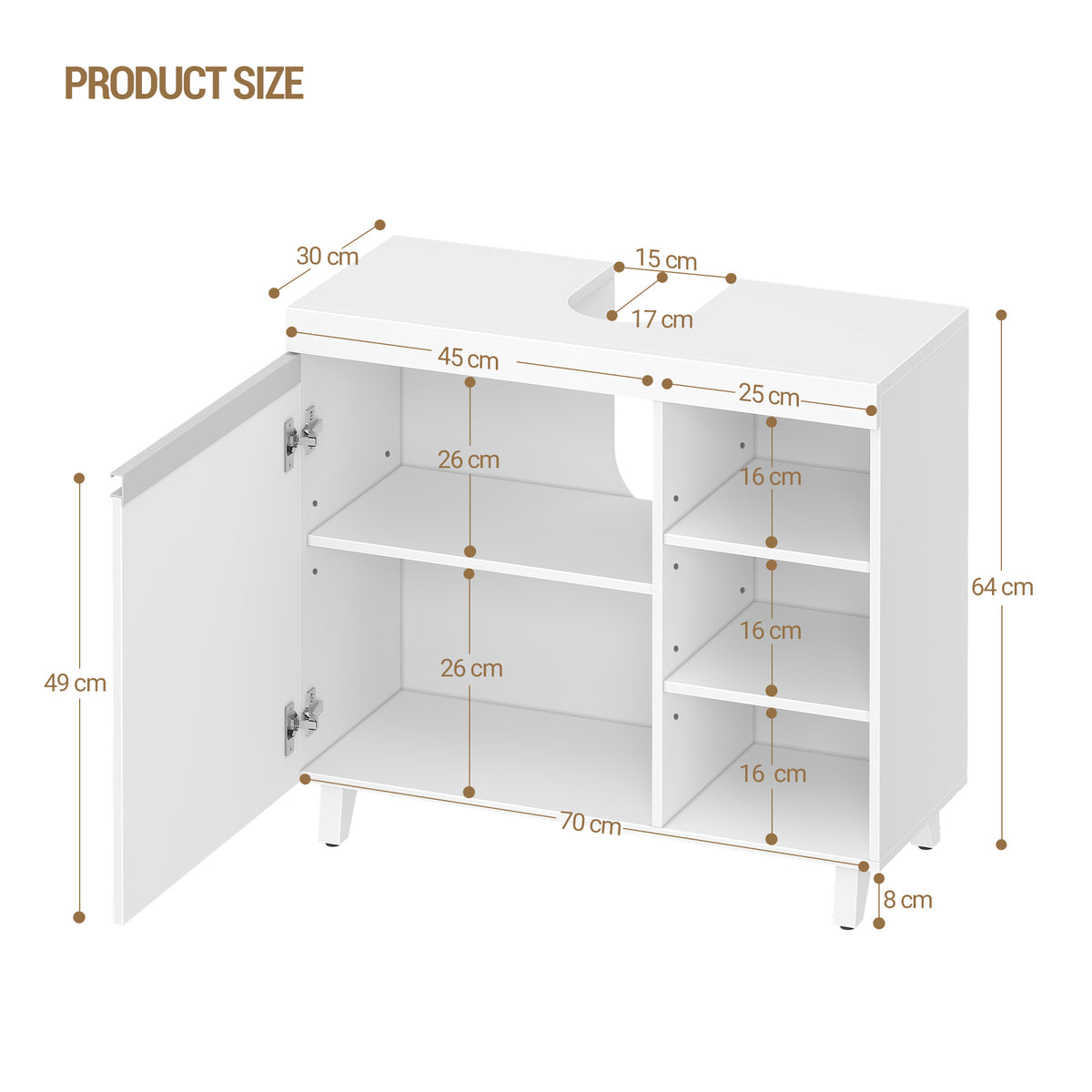Hzuaneri vanity unit, 30 x 70 x 64 cm, bathroom cabinet with 1 door and 3 open compartments, base cabinet with adjustable shelves, freestanding vanity unit, white BC27903X