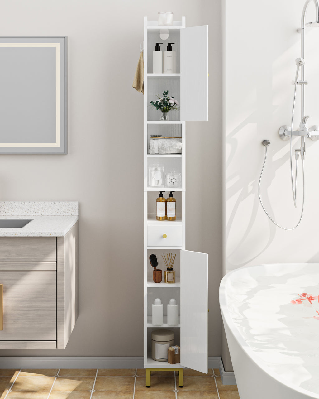 Hzuaneri Bathroom Cabinet, Tall Bathroom Cabinet, 2 Doors and Drawer, White