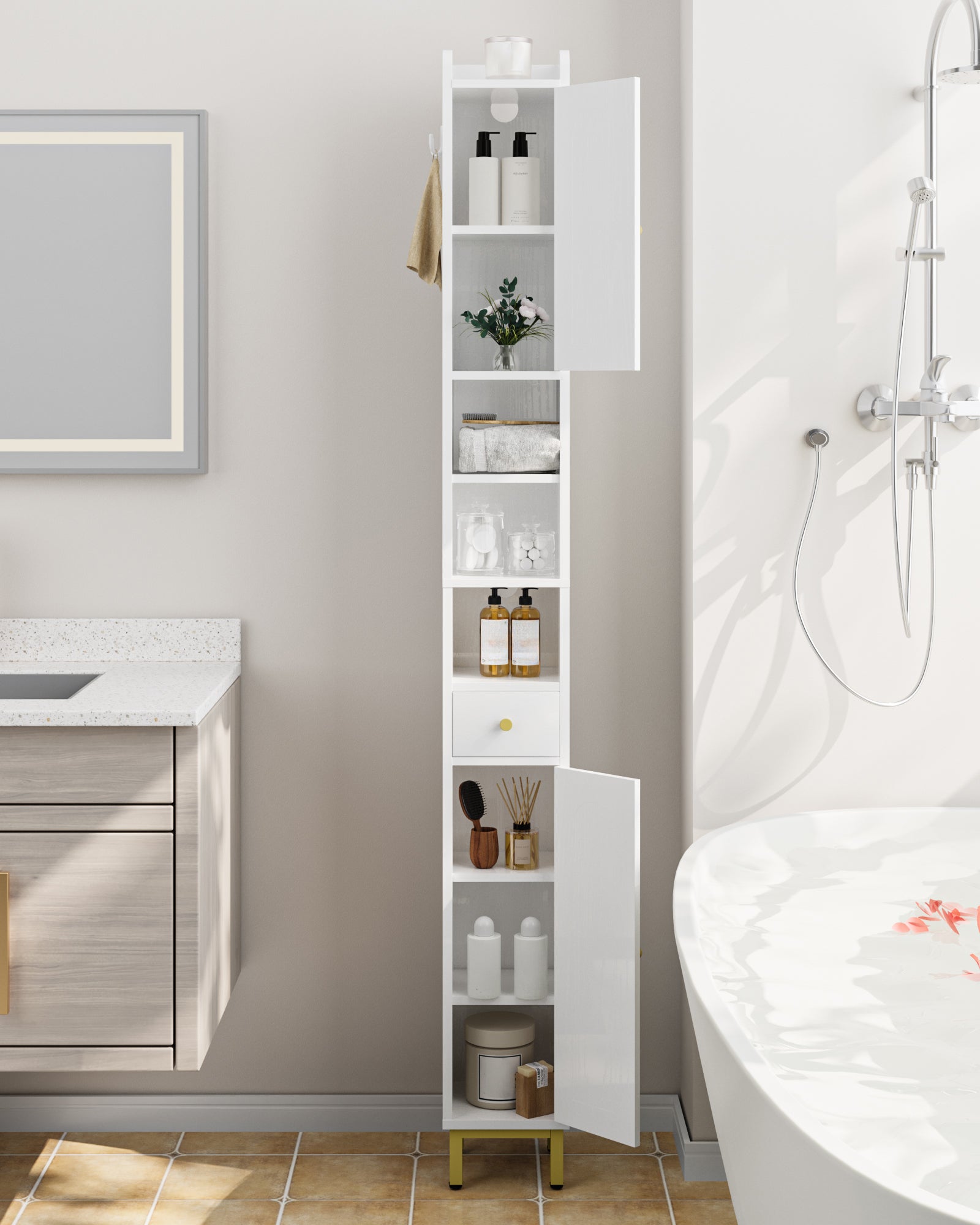 Hzuaneri Bathroom Cabinet, Tall Bathroom Cabinet, 2 Doors and Drawer, White