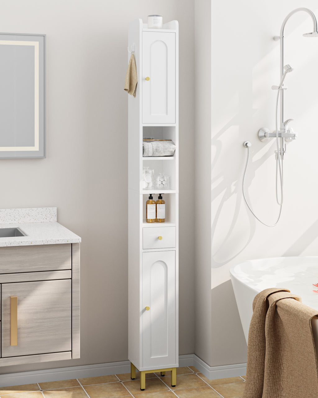 Hzuaneri Bathroom Cabinet, Tall Bathroom Cabinet, 2 Doors and Drawer, White