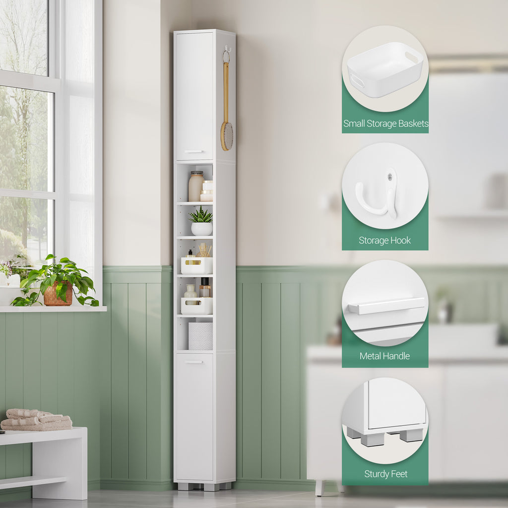 Hzuaneri  Bathroom Cabinet, Narrow Tall Bathroom Cabinet with 2 Storage Baskets, Adjustable Shelves, Open Compartment and Door, 20 × 20 × 200 cm, White BC28503X
